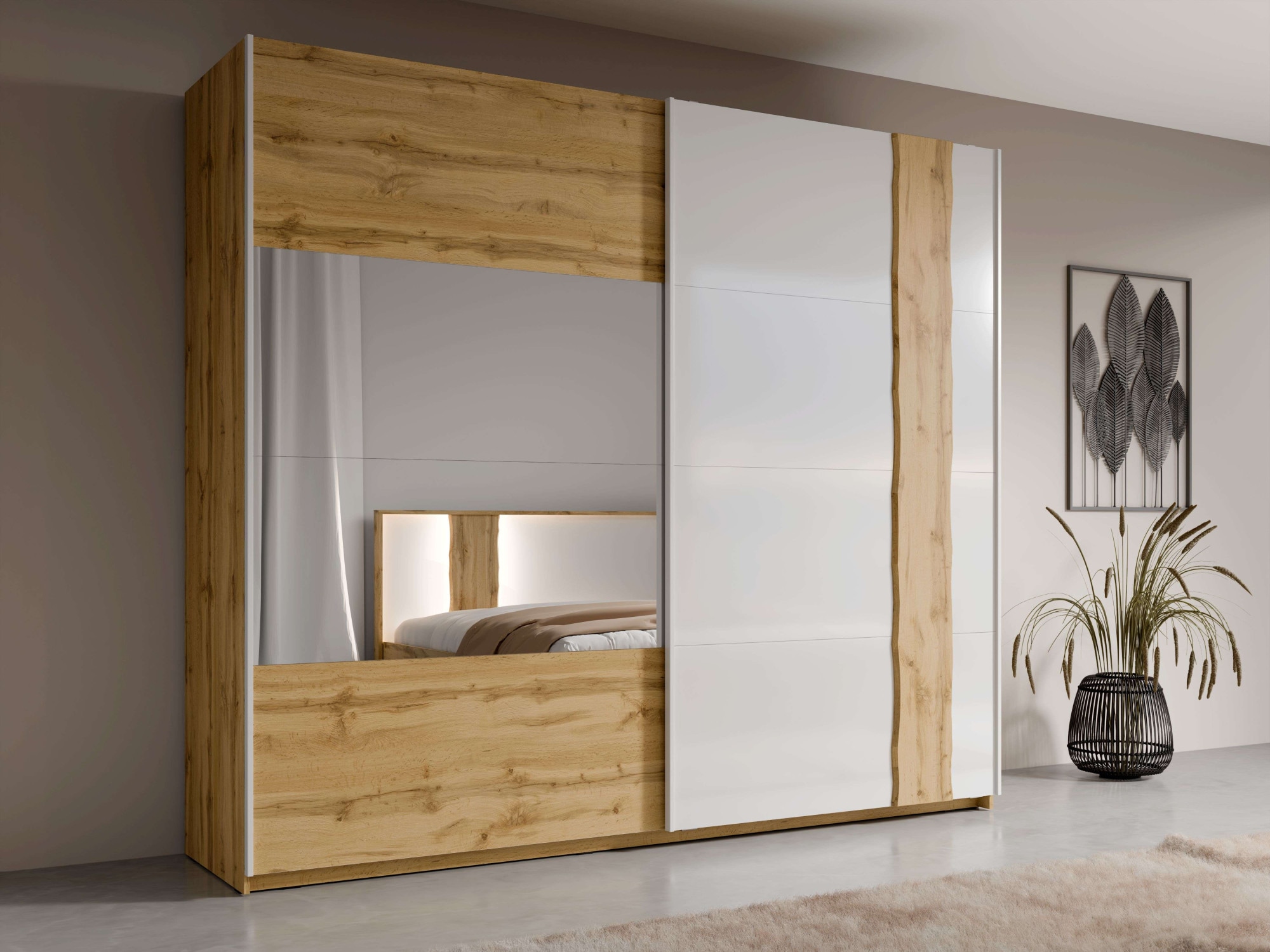 Image of Home affaire Schwebetürenschrank "Fabella, Weiss Hochglanz mit Eiche Dekor, mit Spiegel, 2 Schwebetüren" BxHxT 250x218x66,5 cm, mit 8 Einlegeböden, 2 Metallkleiderstangen, maximaler Stauraum