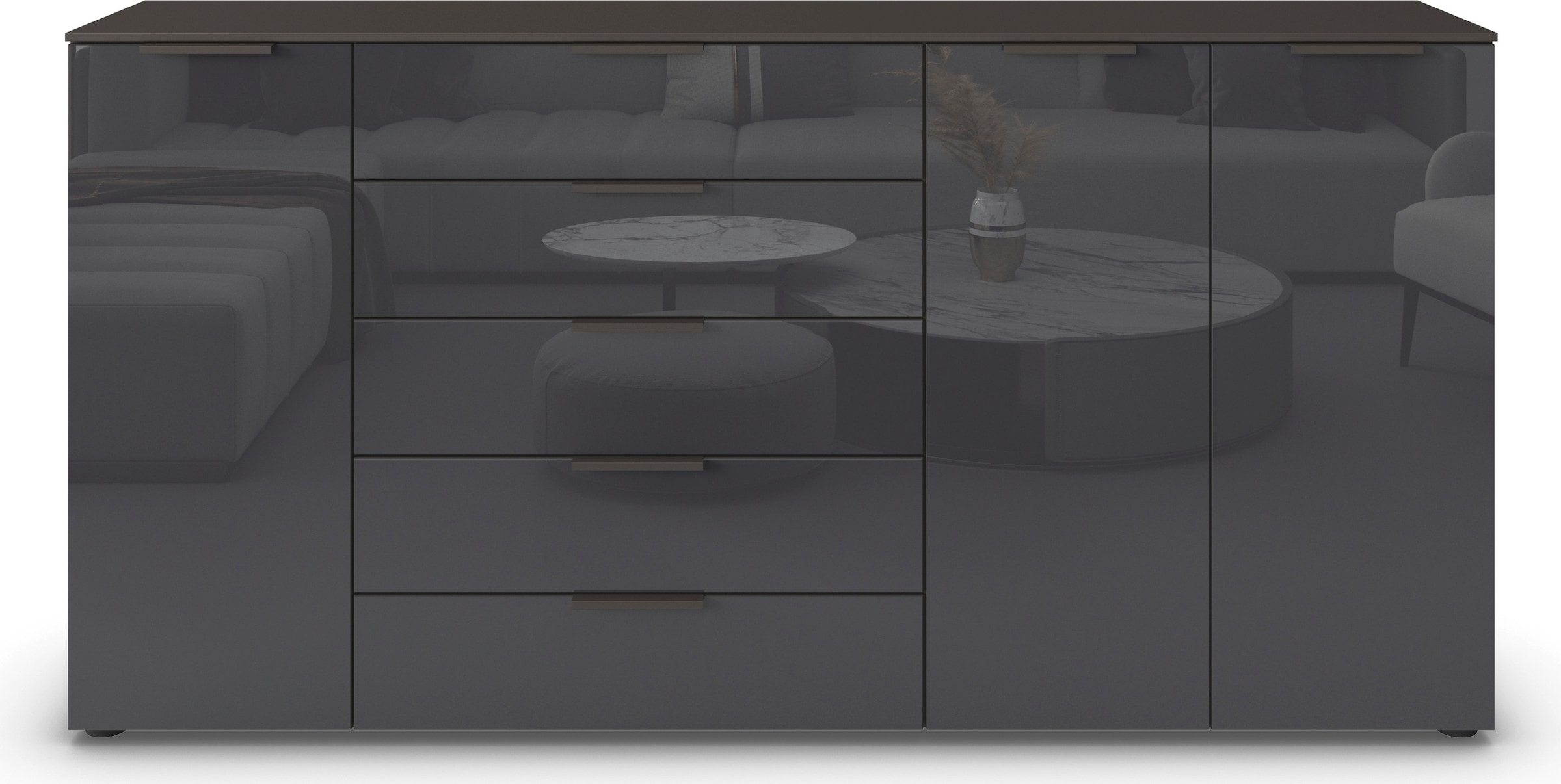 rauch Commode combinée »Kommode Türkommode Sideboard Kombikommode FLIPP mit Glasfront« Largeur 200 cm avec 4 étagères,  3 portes avec 5 tiroirs et fonction soft-close ainsi que façade en verre