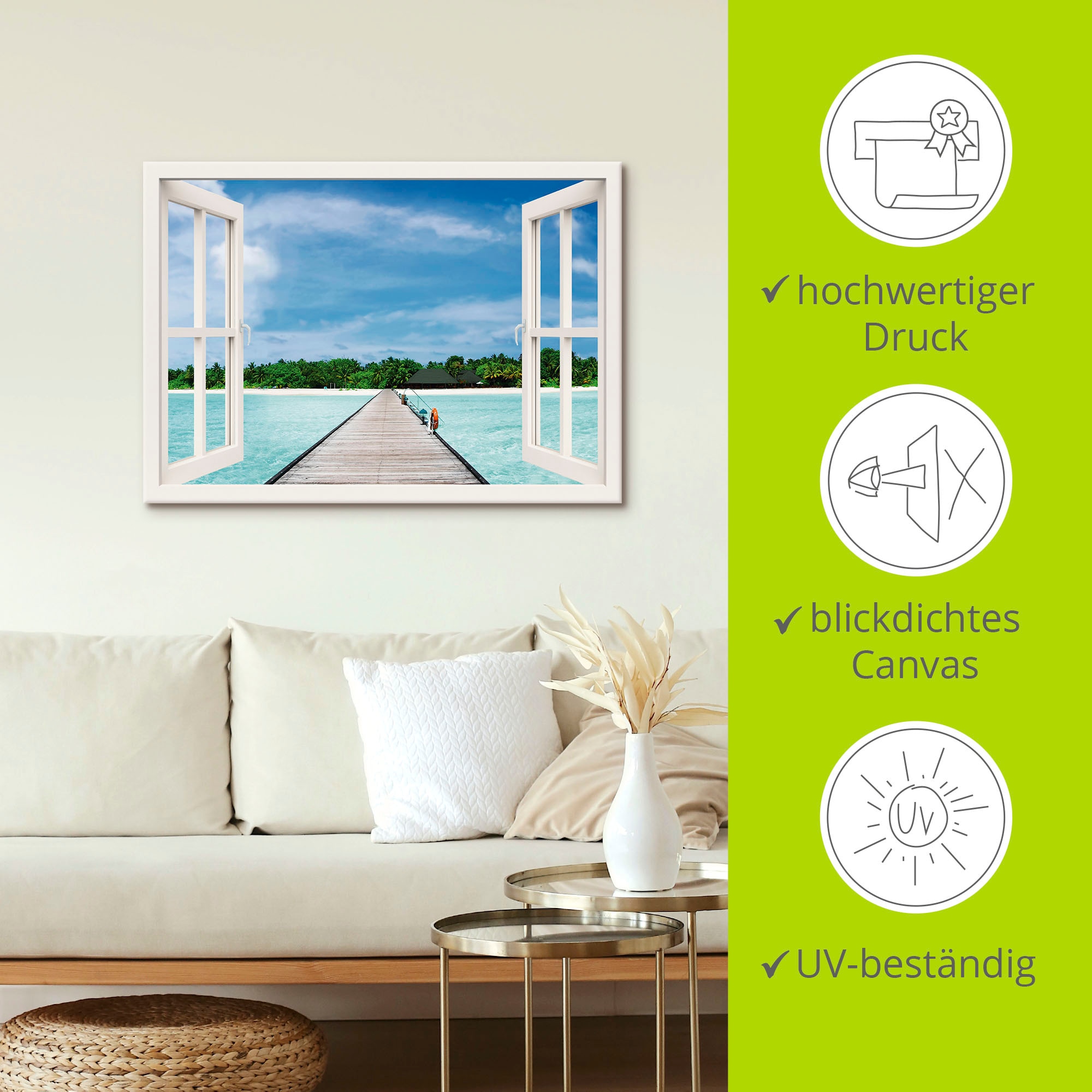 Artland Leinwandbild »Fensterblick maledivischen Paradies« Fensterblick 1 Stk. tlg. auf Holzrahmen gespannt