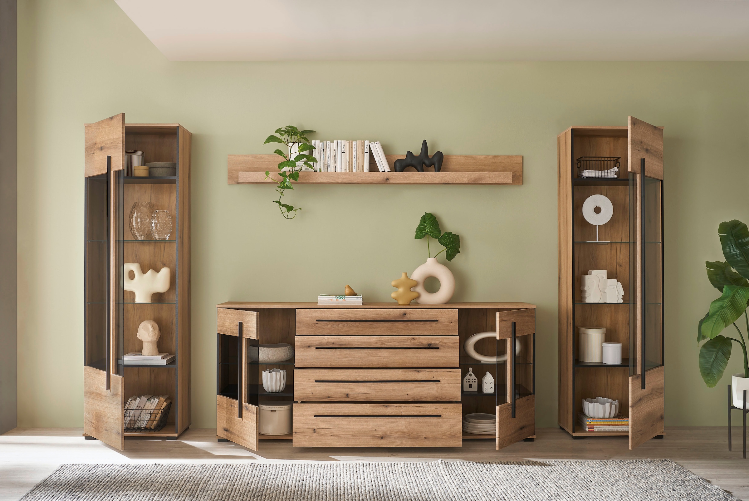 INOSIGN Wohnwand »Cantara, moderne Anbauwand, Wohnzimmer-Set, in Eiche Evoke oder Weiss«, (Set), enthält zwei Vitrinen, ein Sideboard und ein Wandboard