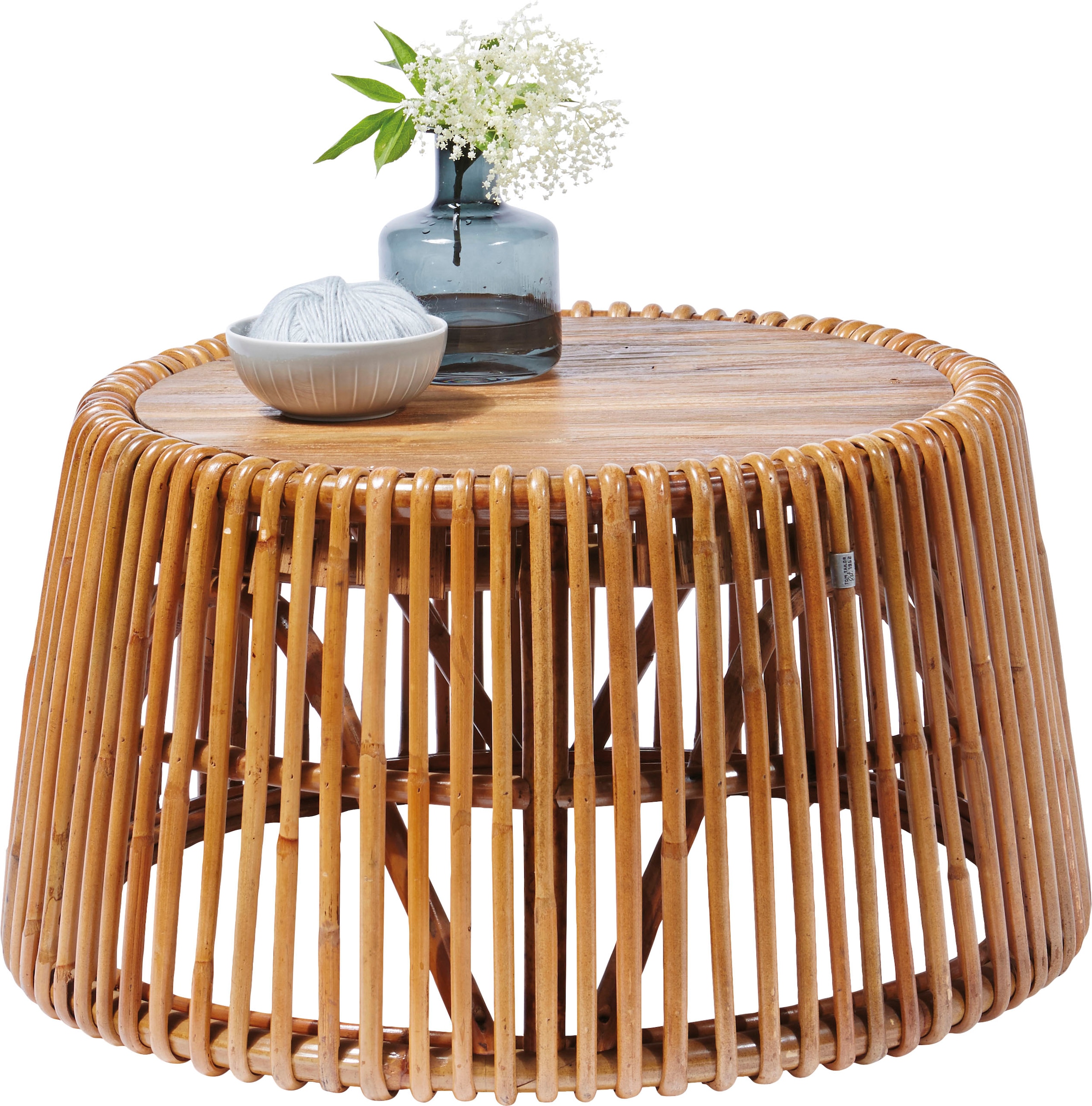 SIT Table d'appoint »T-RATTAN SIDE TABLE LARGE aus Rattan mit recycelter Teakholzplatte« structure conique en rotin avec plateau en teck recyclé