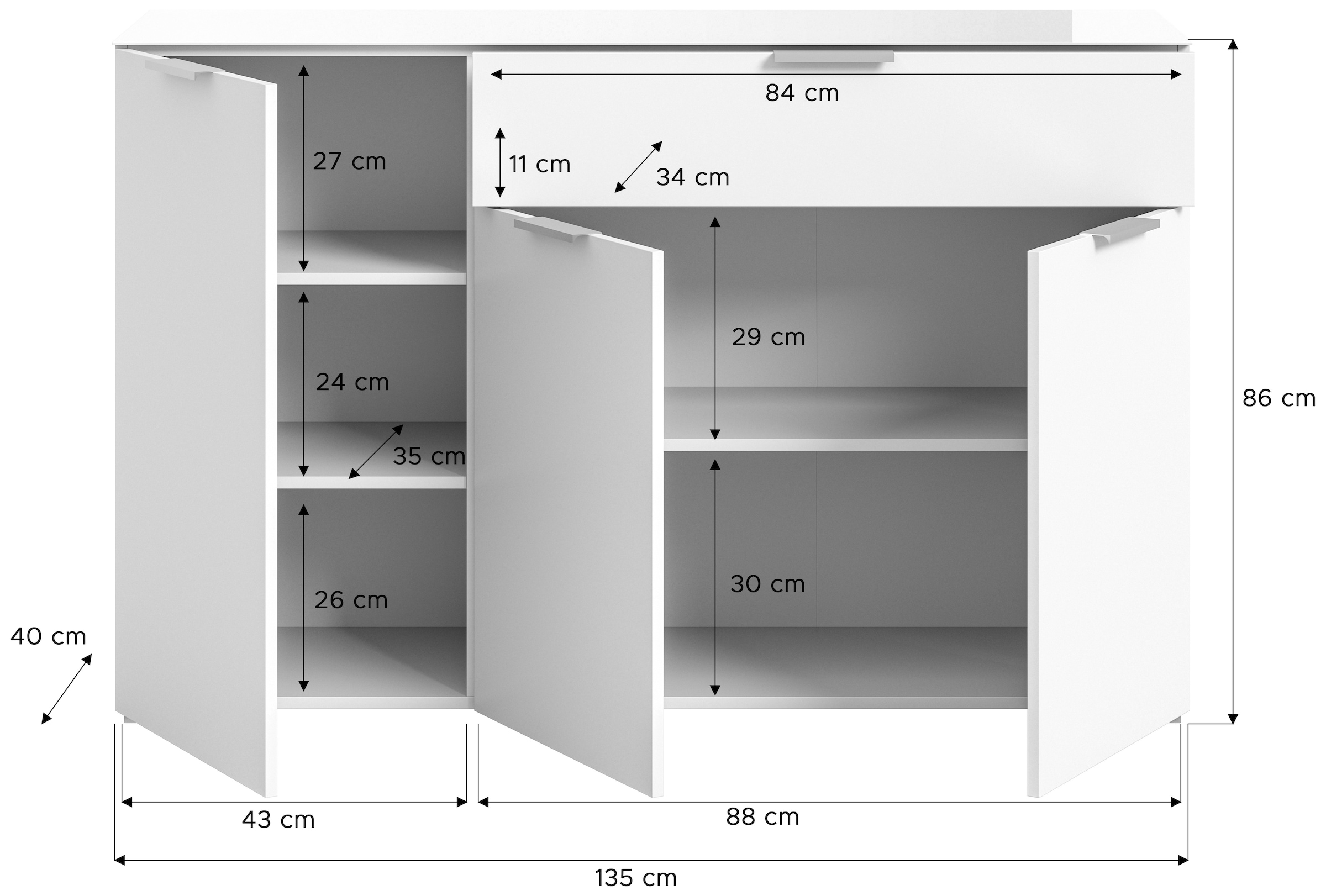 INOSIGN Sideboard »Raio, Breite 135 cm, 3 Türen, 1 Schubkasten, Oberboden mit Glasplatte«, Anrichte, Kommode, Schrank