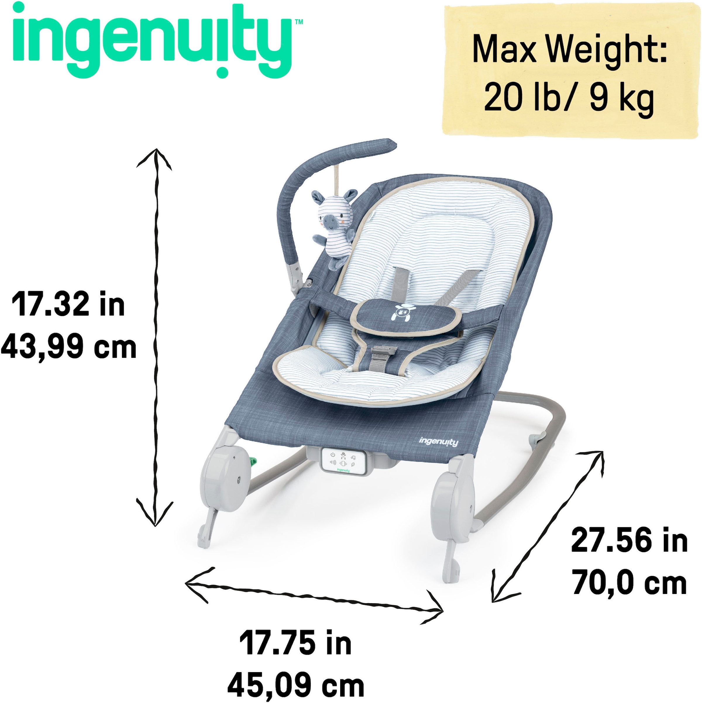 ingenuity Babywippe »Happy Belly™ Rock-to-Bounce Massage Seat - Chambray« bis 9 kg mit Melodien und Geräuschen