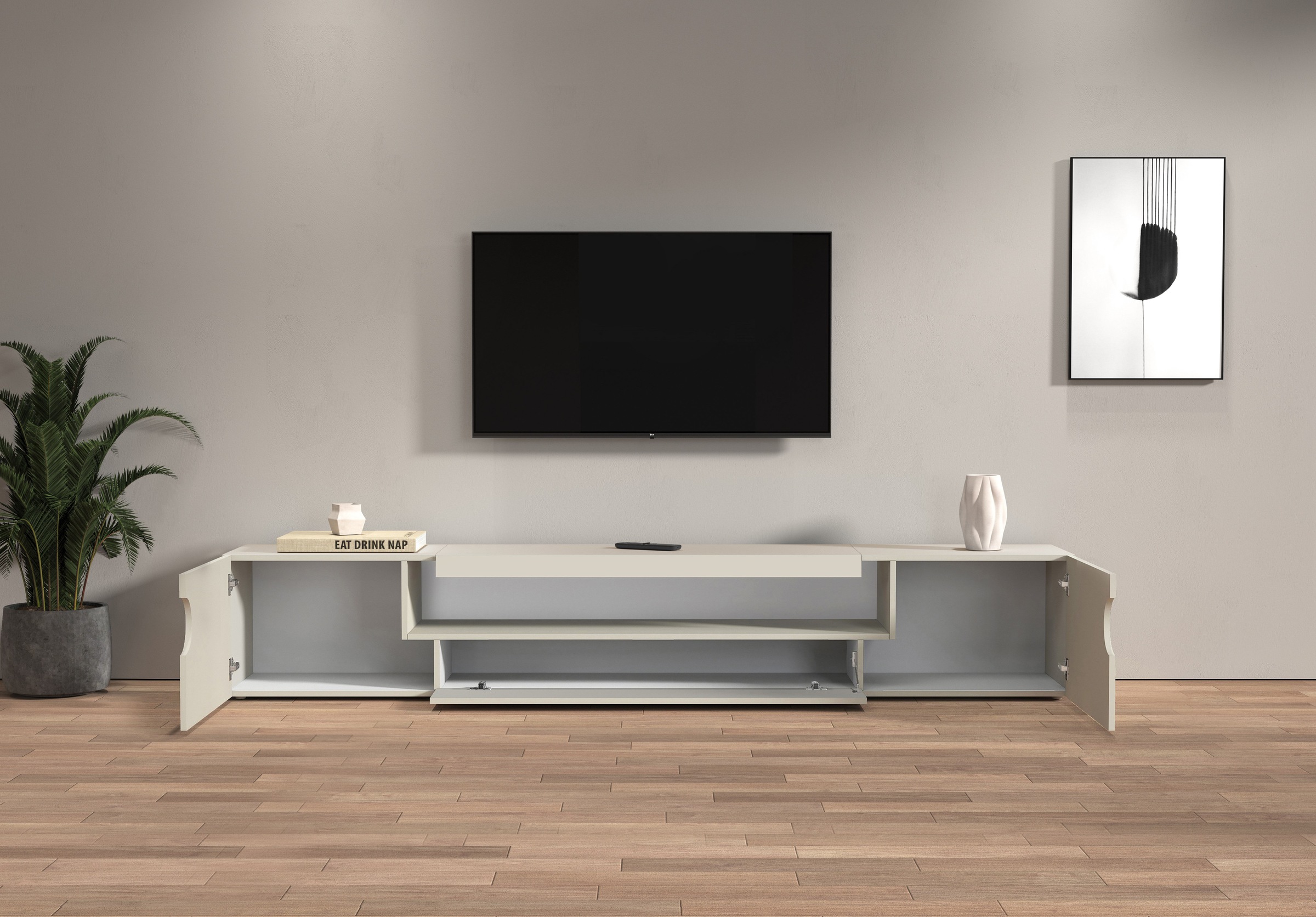 INOSIGN Lowboard »REAL TV-Möbel, 240 cm breit, 40/60 cm hoch, Hochglanz oder matt« mit 2 abgerundeten Türen, 1 Klappe, die ein ovales offenes Fach bilden