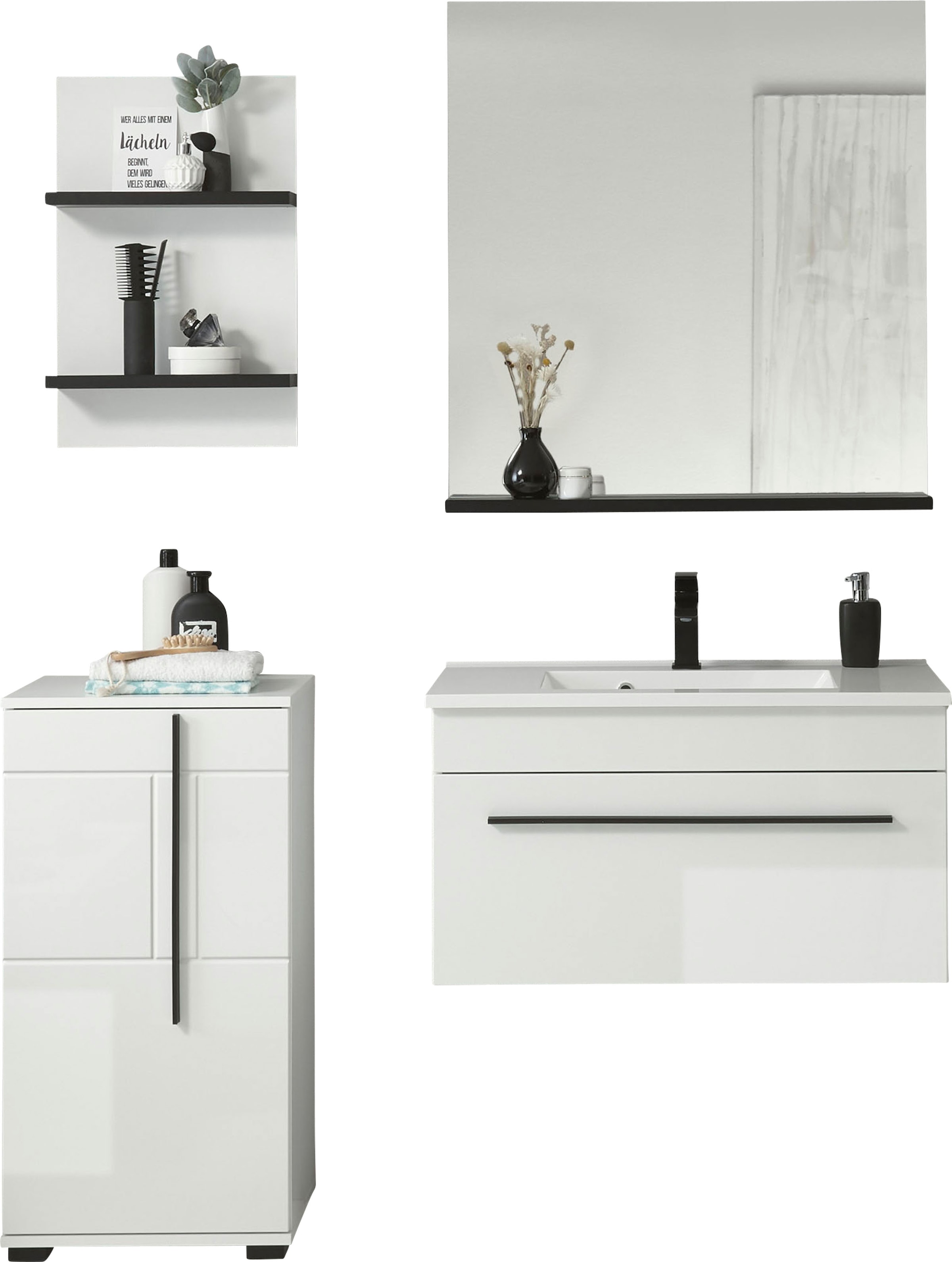 INOSIGN Badmöbel-Set »Cantara, Bad im modernen Design, 4-teiliges Badezimmer«, (Set, 4 St.), Waschtisch, Schrank, Hängeregal und Spiegel, in Weiss Hochglanz
