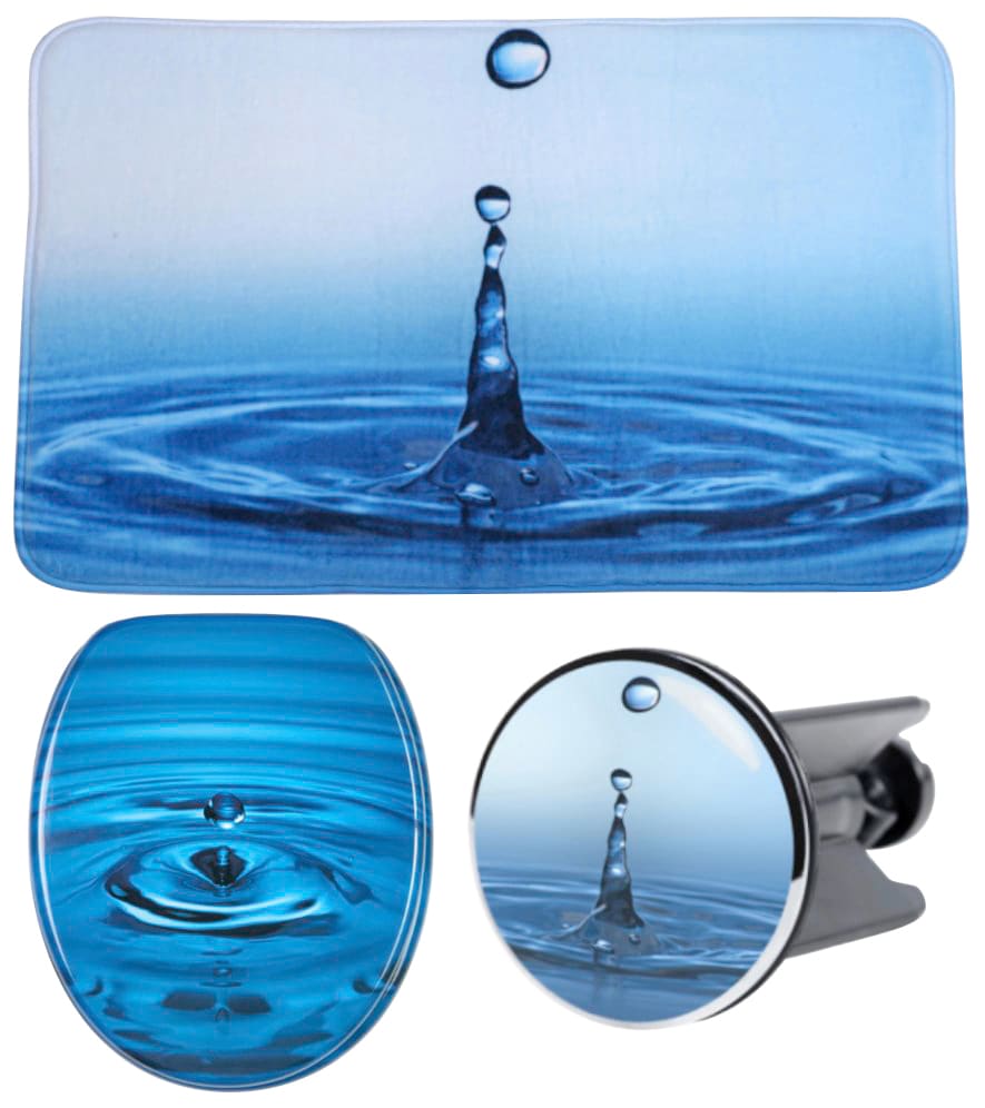 Image of Sanilo Badaccessoire-Set "Wassertropfen" bestehend aus WC-Sitz, Badteppich und Waschbeckenstöpsel