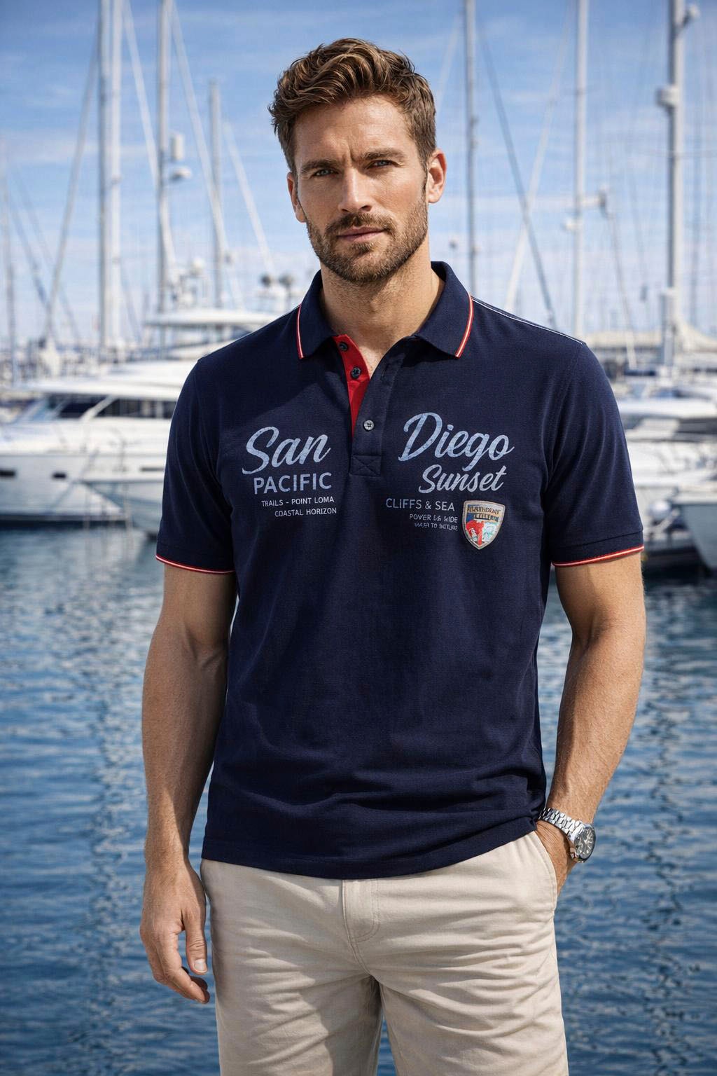Image of Mans World Poloshirt "Neue Kollektion" normale Passform, Kurzarm, mit Print und Badge, aus Piqué-Material