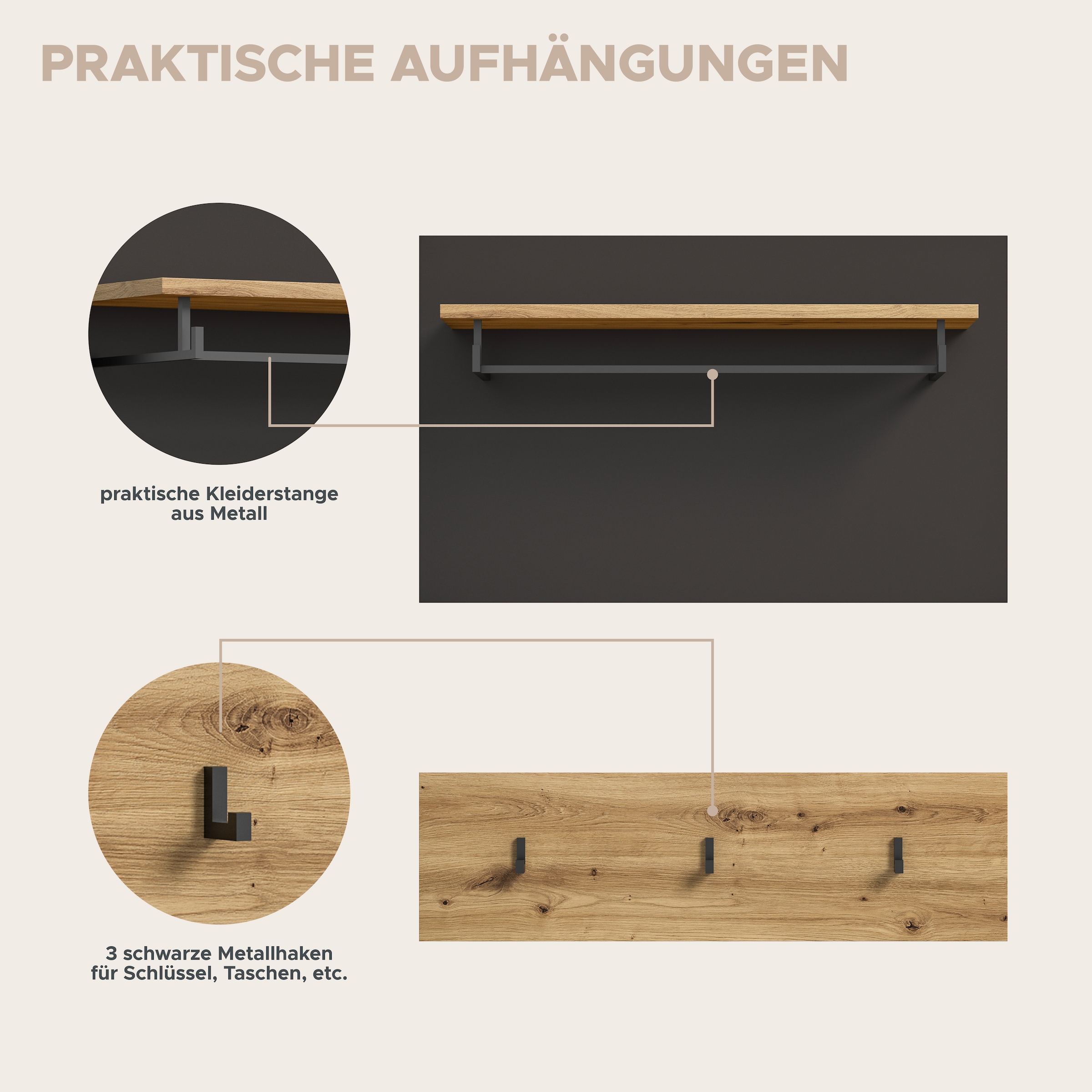 Home affaire Garderoben-Set »REHAT, TOPSELLER!, 6-teilig, Breite 255 cm, individuell erweiterbar« Set, Schrank, Sitzbank, Sitzkissen, Paneel, Hakenleiste, Spiegel, Kommode, 6 Stk. tlg.