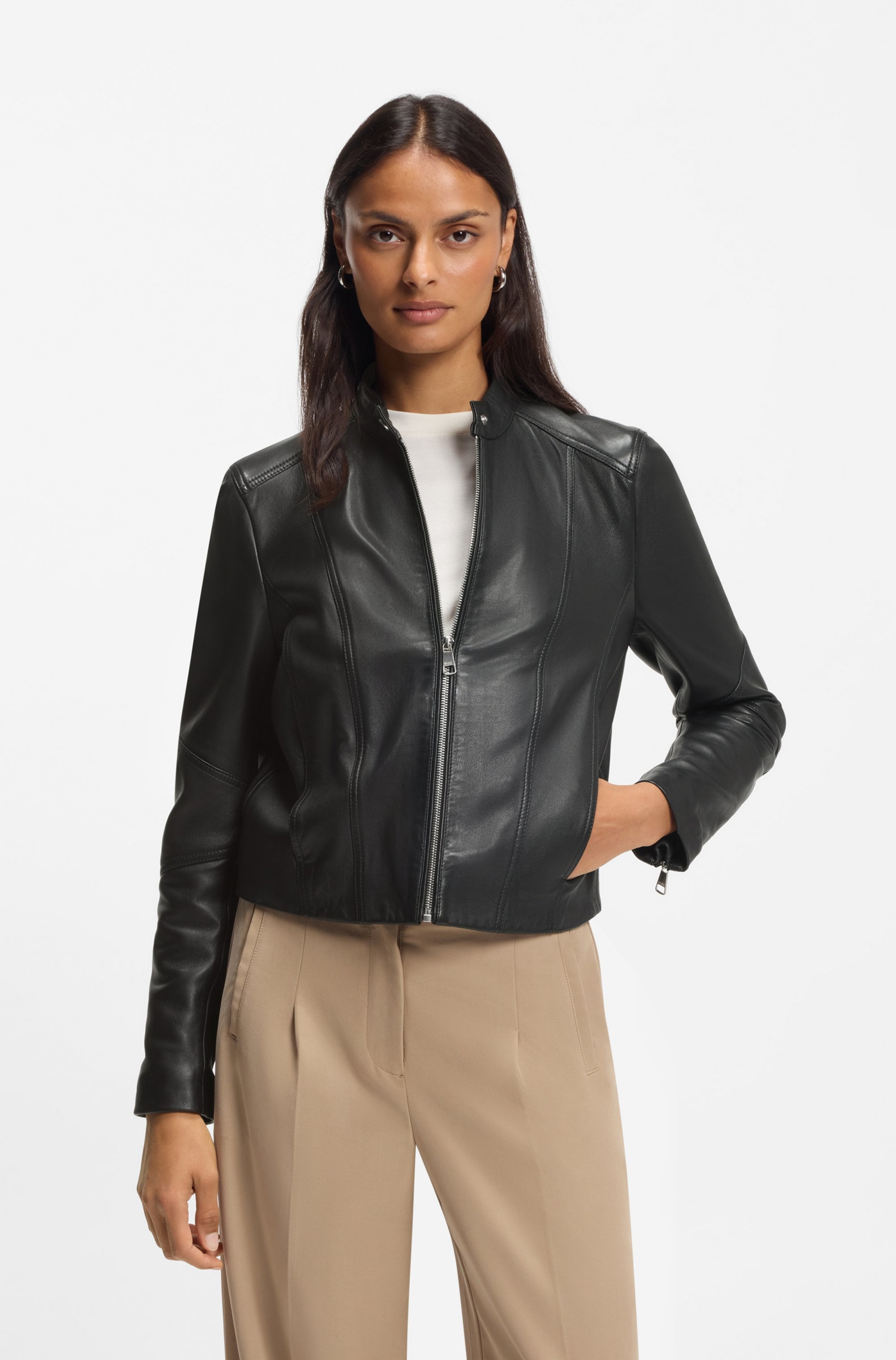 BOSS ORANGE Veste en cuir »Saleste Premium Damenmode« aus fein genarbtem Leder