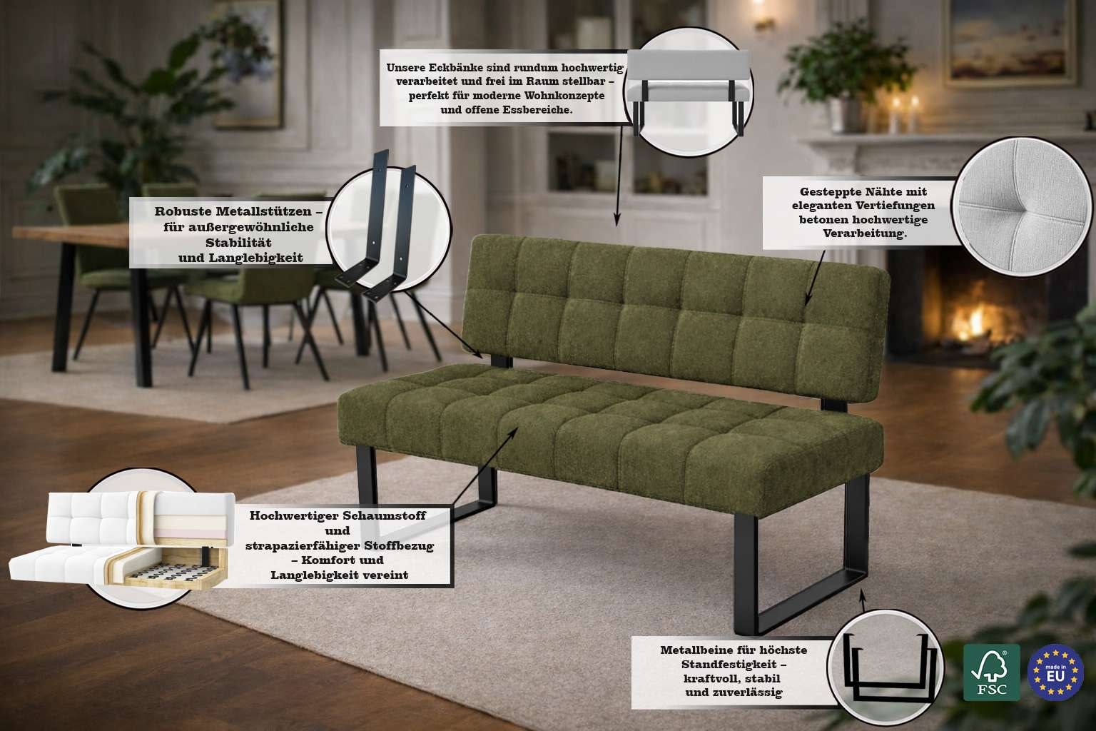 Home affaire Sitzbank »Mia Küchenbank, Polsterbank, Esszimmerbank, 141x64 cm« Moderne Bank und  Farben, Sitzplatzanzahl: 2-3, Frei in Raum stellbar