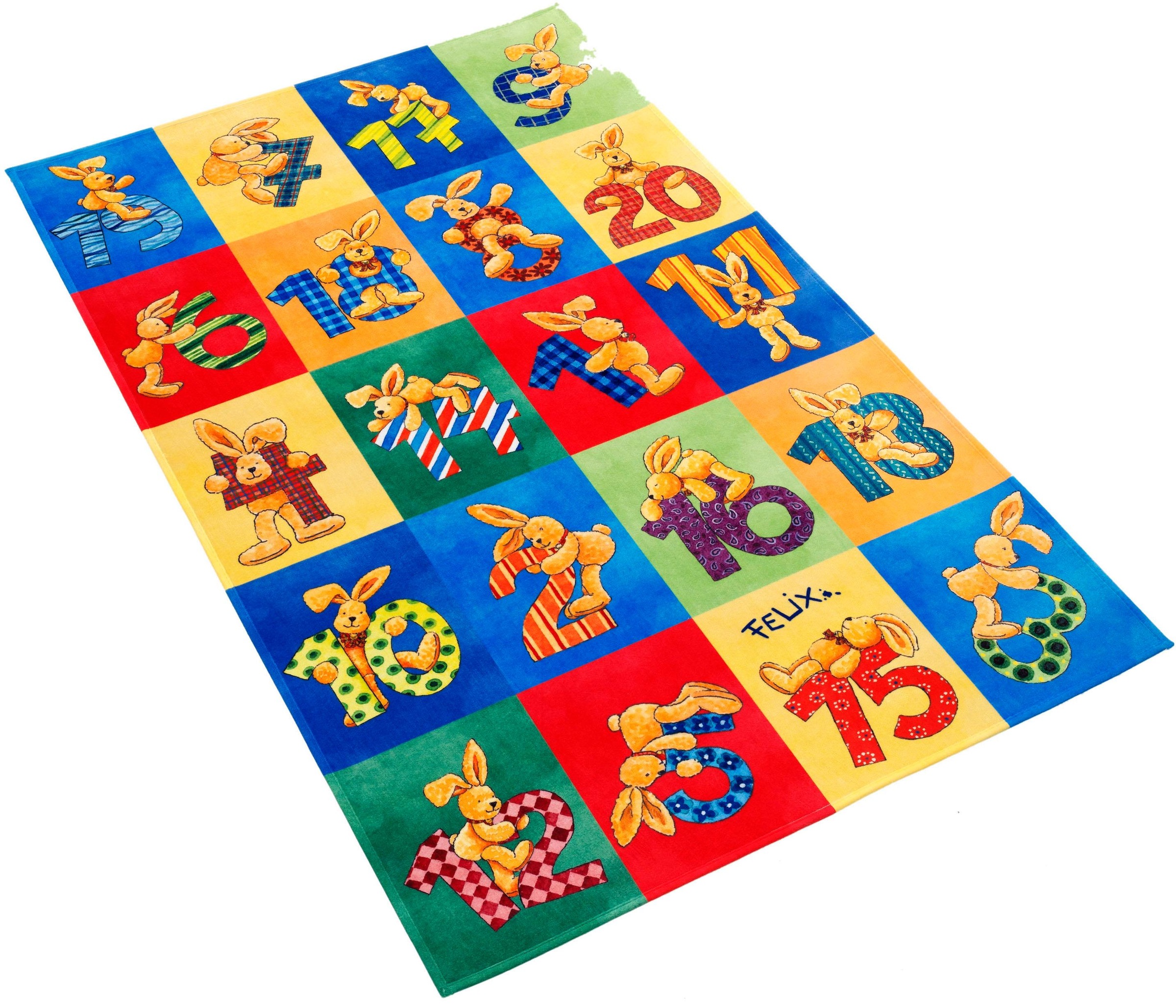 Image of Felix der Hase Kinderteppich »FE-414«, rechteckig, 6 mm Höhe, Stoff Druck, Patchwork Design, Motiv Zahlen & Hasen, weiche Mircofaser, Kinderzimmer bei Ackermann Versand Schweiz