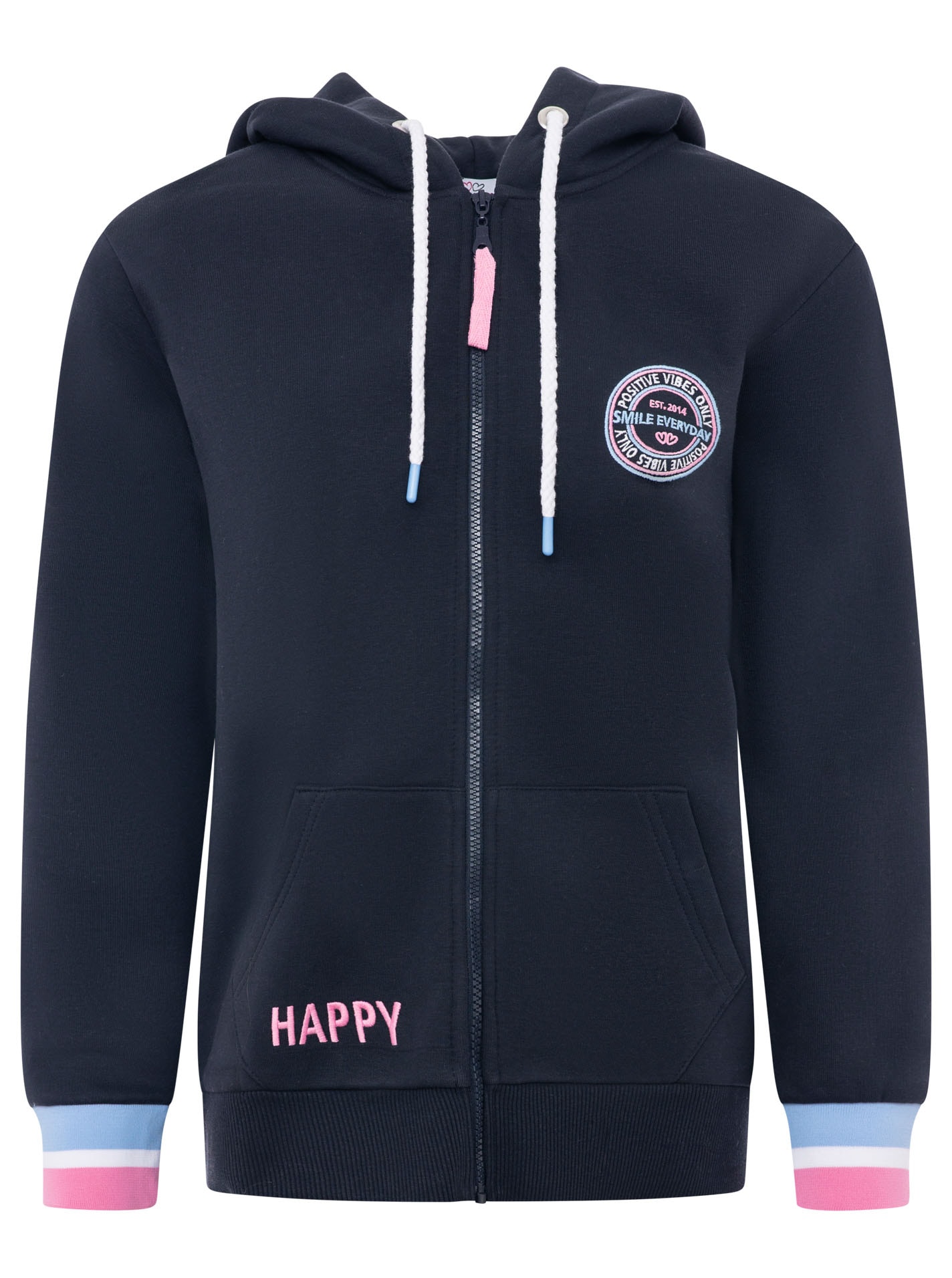 Zwillingsherz Sweat à capuche »"Smile Everyday ZH"« Capuche, poches, manches longues, broderie, fermeture éclair