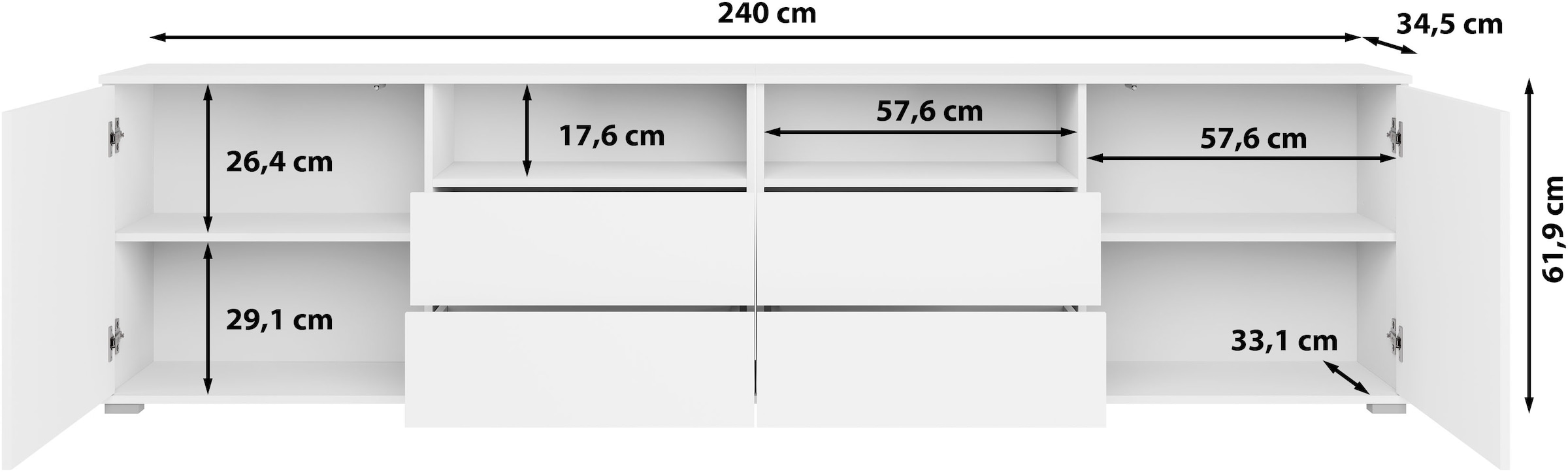 GOODproduct Lowboard »Kenia, TV-Schrank, 240 cm breit, mit 2 Türen und 4 Schubladen« 1 Stk. tlg. Höhenverstellbare Einlegeböden und offene Ablagefächer