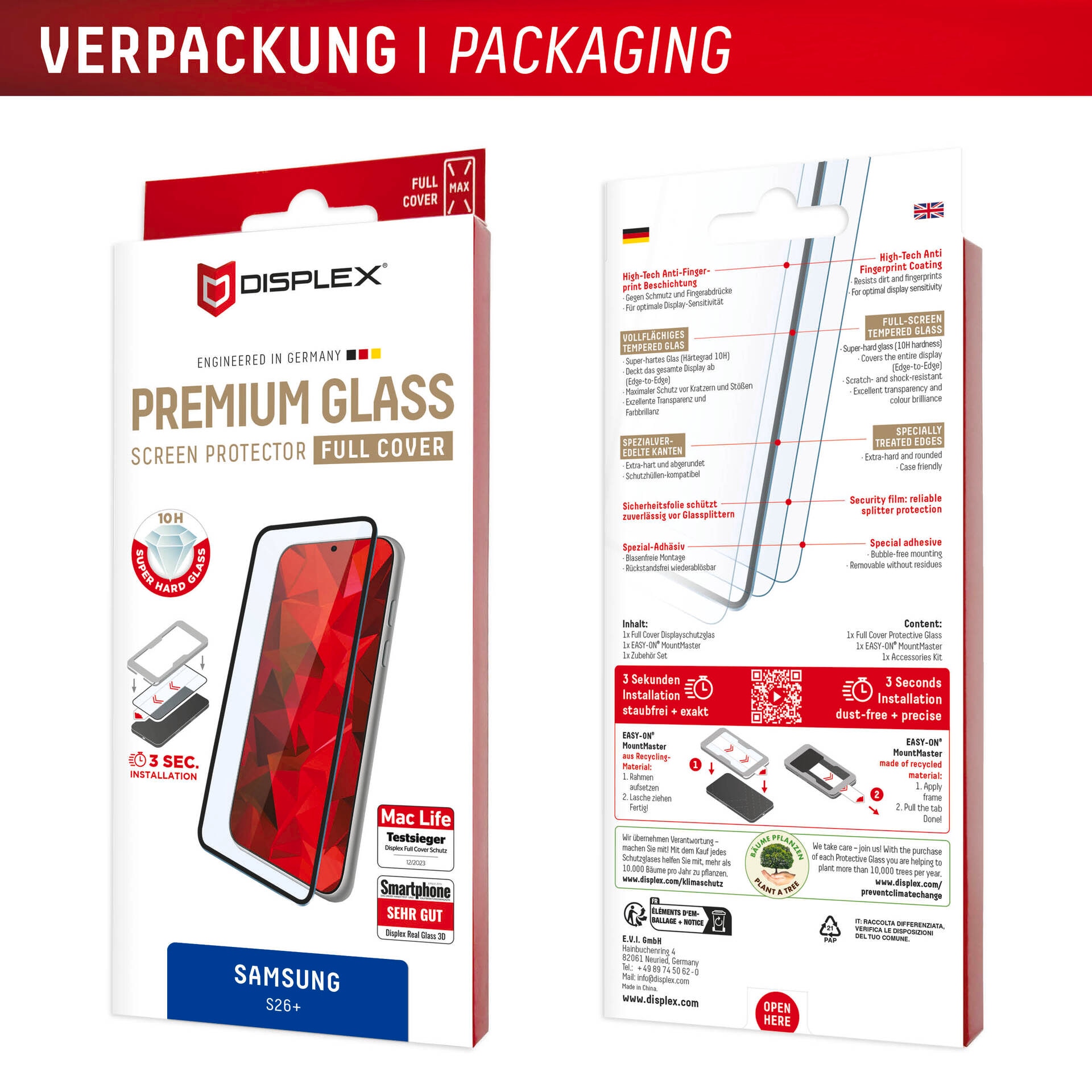Displex Displayschutzglas »Premium Glass Screen Protector Full Cover mit MountMaster« für Samsung Galaxy S26+ Displayschutzfolie, Schutzfolie, Bildschirmschutz, kratz- & stossfest