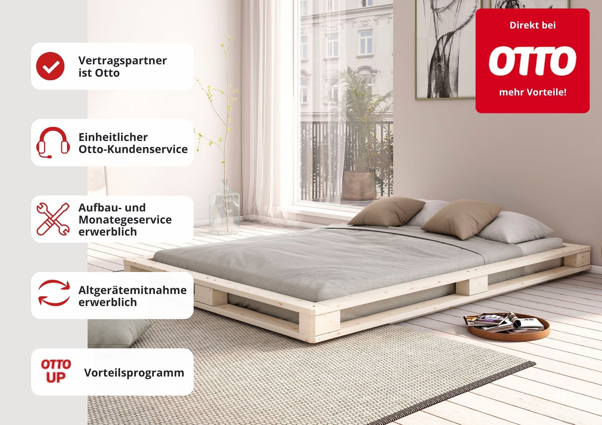 GOODproduct Lit futon »"PALO " Massivholzbett, rundum Ablagefläche« H/L/P env. 16/158/218,  lit au sol, bois massif certifié (pin)
