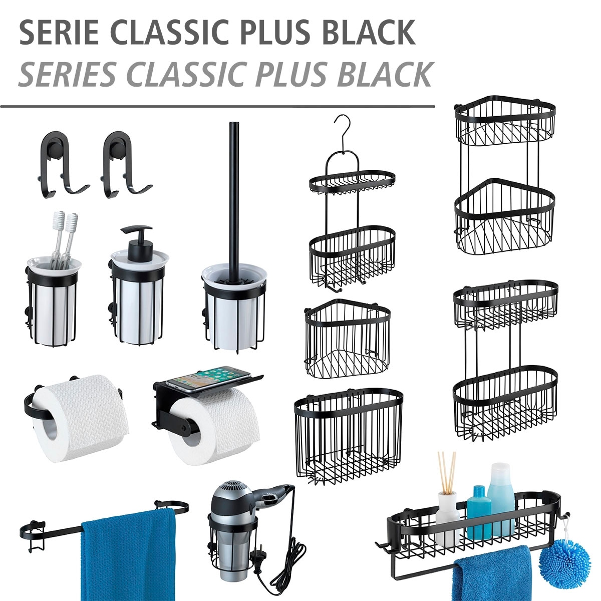 Image of WENKO Badregal "Classic Plus Black" 1 Ablage, 1 Korb