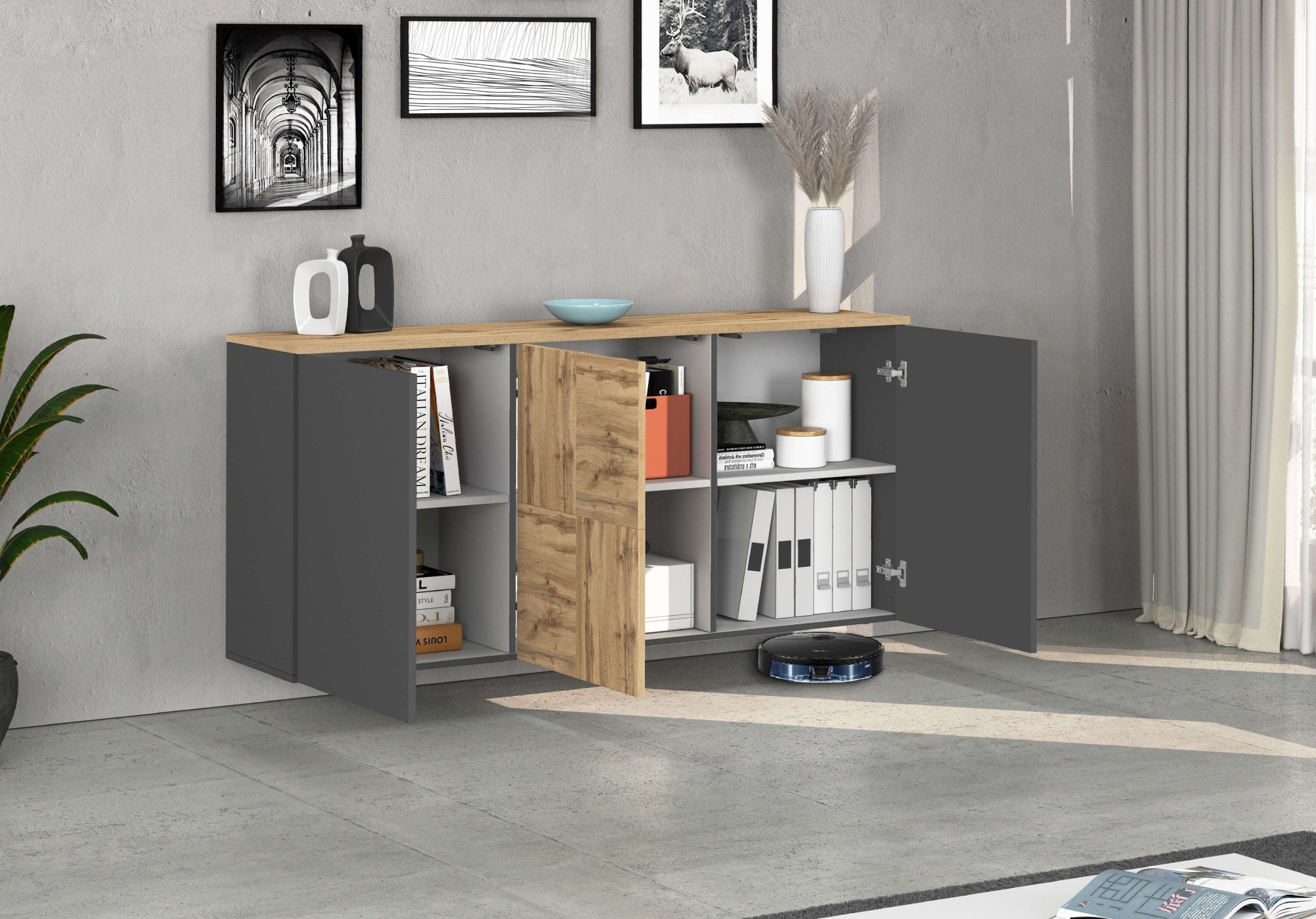 GOODproduct Sideboard »ISEO, Kommode, Schrank, Sideboard, Lowboard, 6 Fächer, Breite 150 cm« 1 Stk. tlg. stehend/hängend, 3 Türen, 6 Fächer, Breite 150 cm