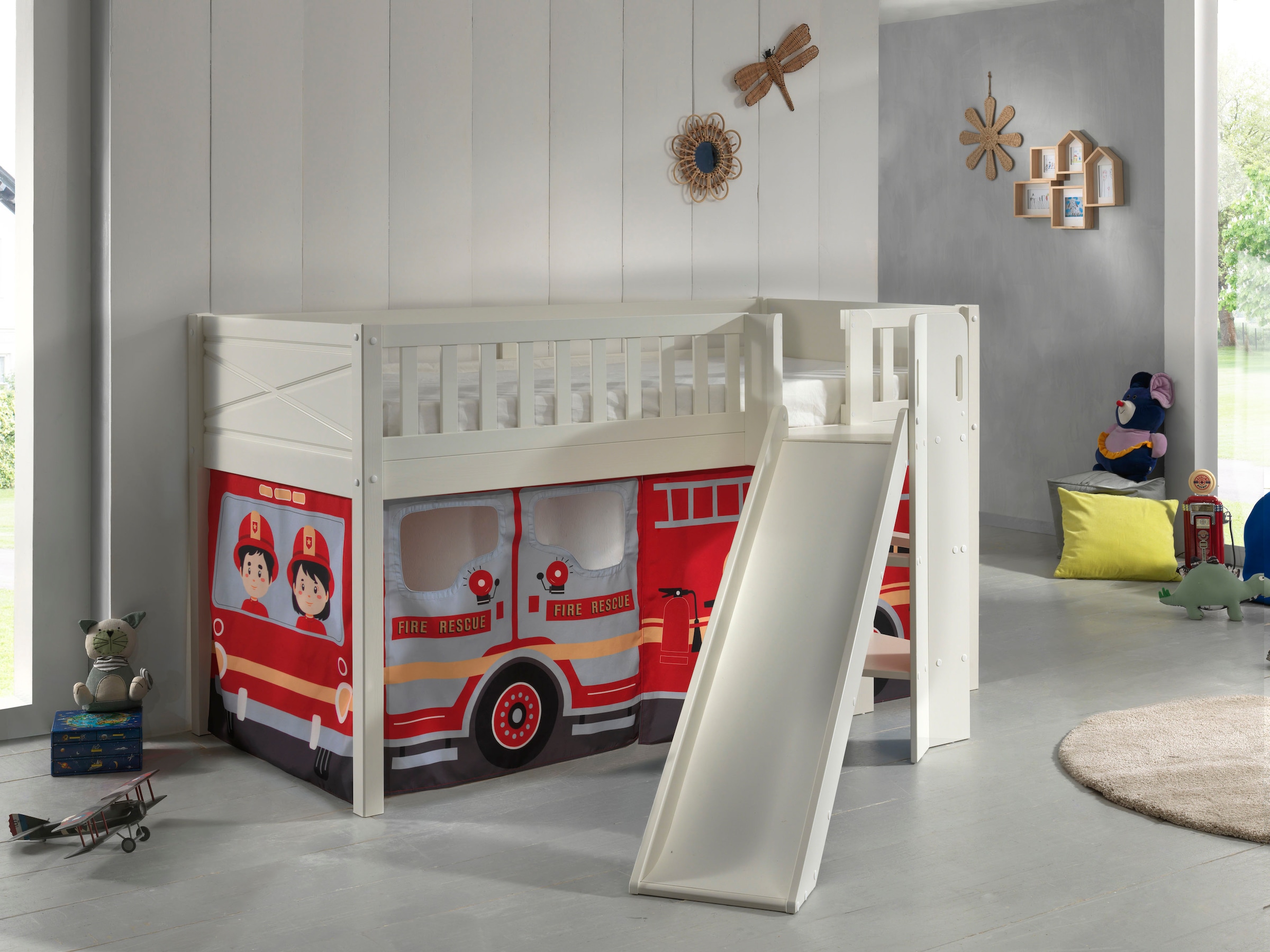 Vipack Hochbett »Scott« B/H/T ca. 207,6x114x203,7cm, Kopf-/Fussteil mit Fräsung, stabil gebaut,  mit Rutsch-/Leiterturm, LF 90x200 cm, inkl. Vorhang, 7 Designs