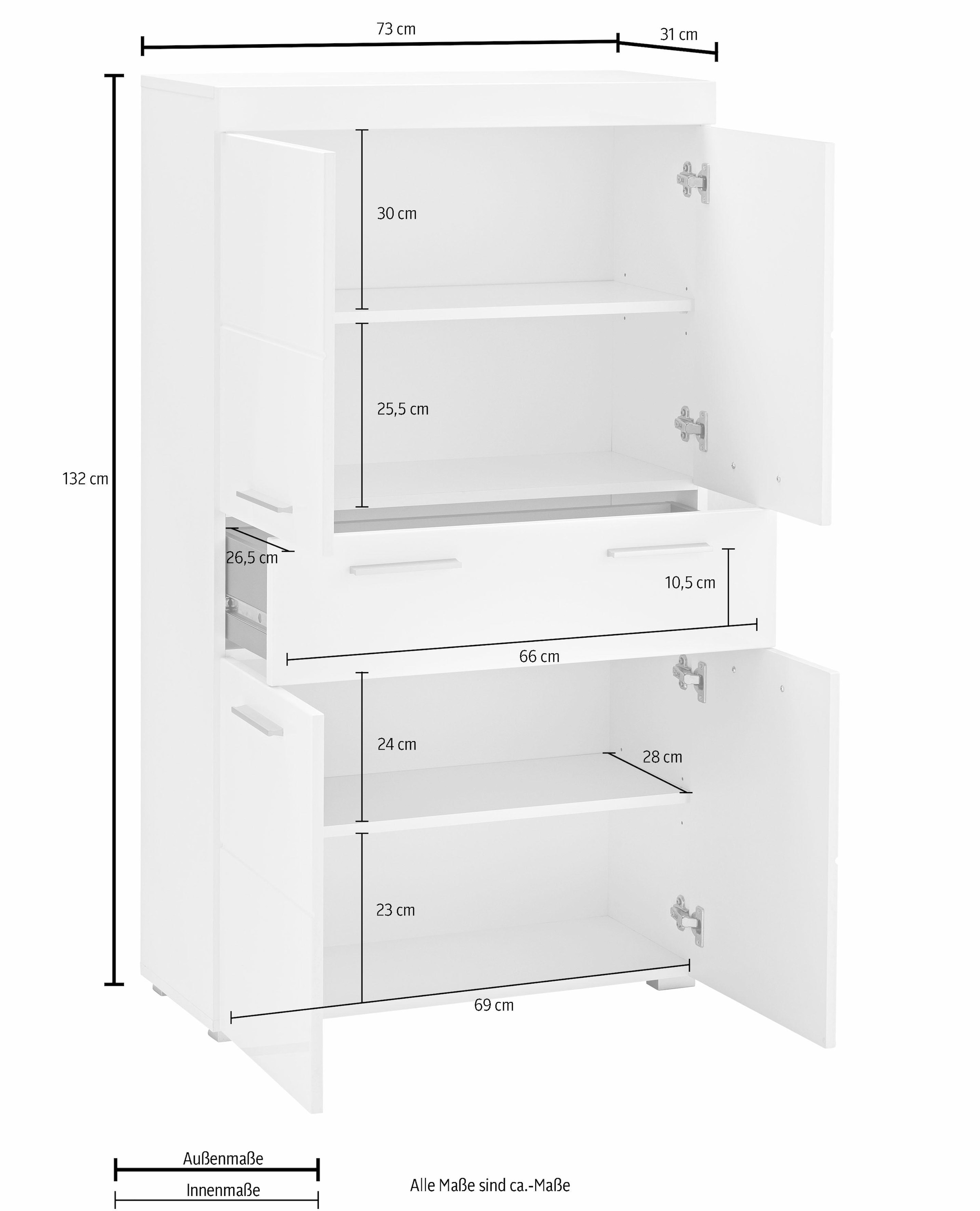 INOSIGN Midischrank »Avena«, Badschrank mit einer Schublade und 4 Türen - Masse (B/T/H) 73/31/130 cm