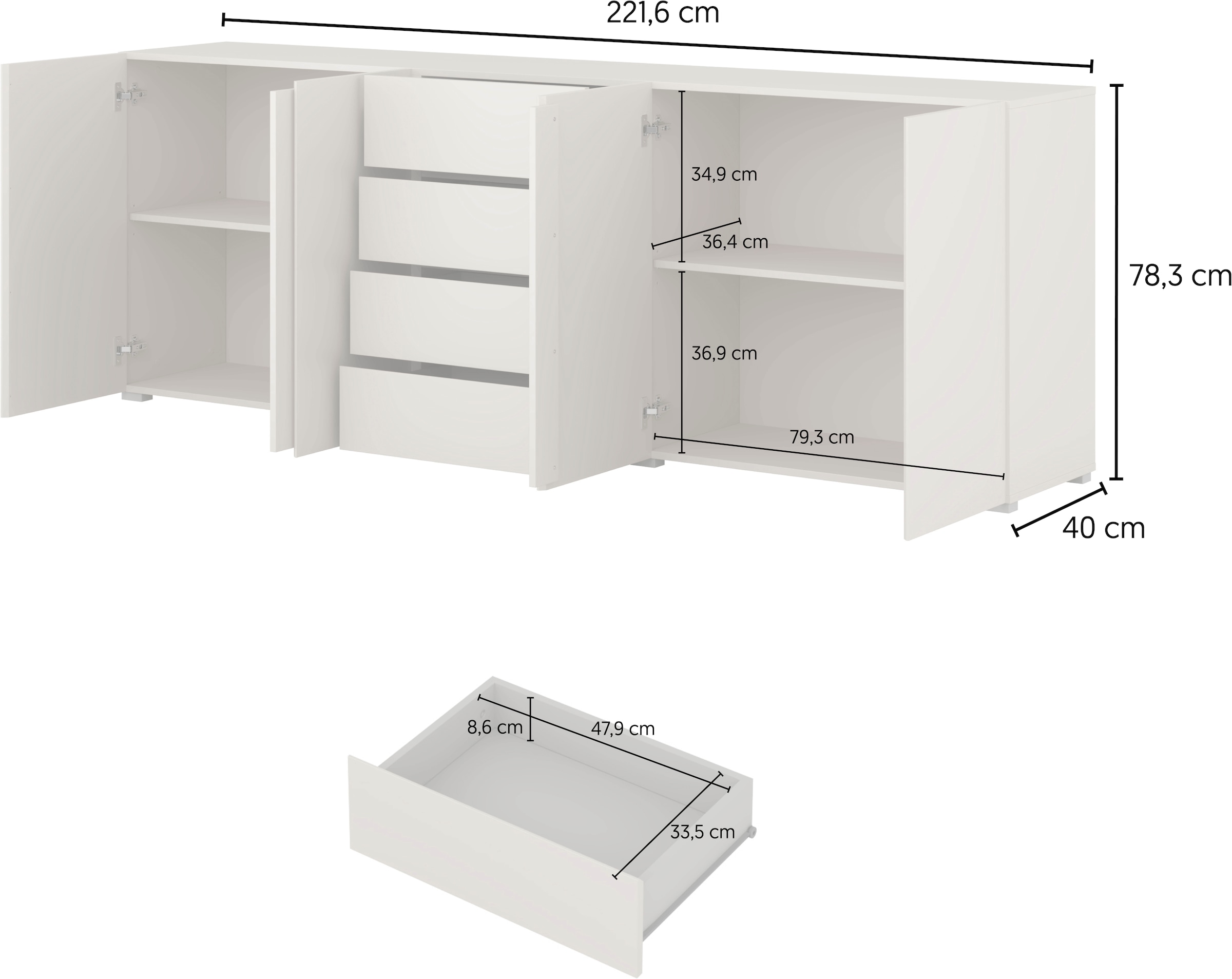 GOODproduct Sideboard »Metric,Breite 222 cm, grifflose Kommode 4 Türen/4 Schubkästen« Schubladenschrank mit viel Stauraum, Einlegeböden verstellbar