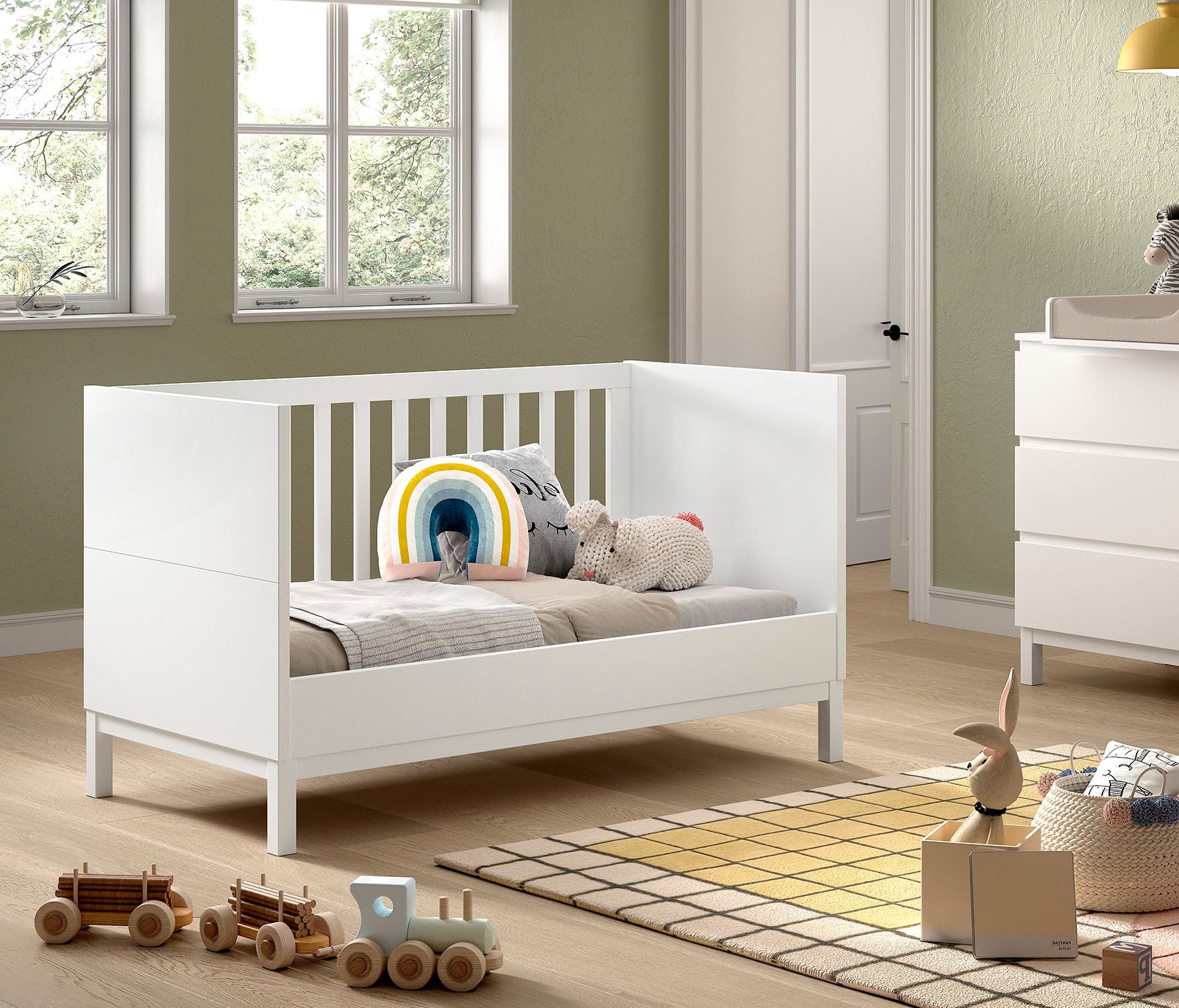 Vipack Lit bébé »in gradlinigem Design, standfest gebaut, pflegeleichte Oberfläche« 70x140 cm avec 3 barreaux d'accès, convertible en lit junior, laqué blanc