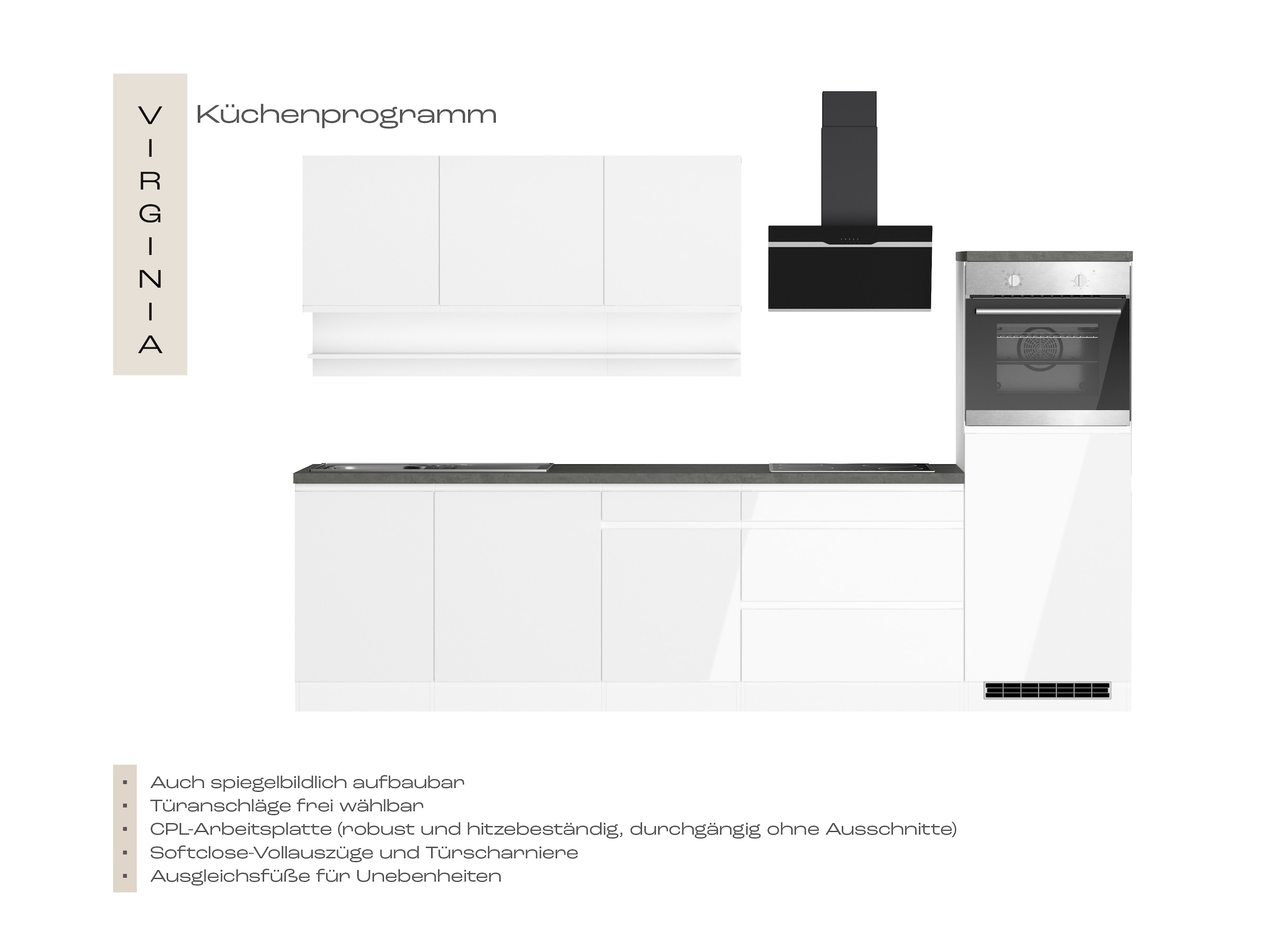 KOCHSTATION Kitchenette »KS-Virginia,neu in verbesserter Ausführung« plan de travail épaisseur 38 mm, rangement, fermeture douce,  largeur 300 cm, fermeture douce, avec appareils électriques en option