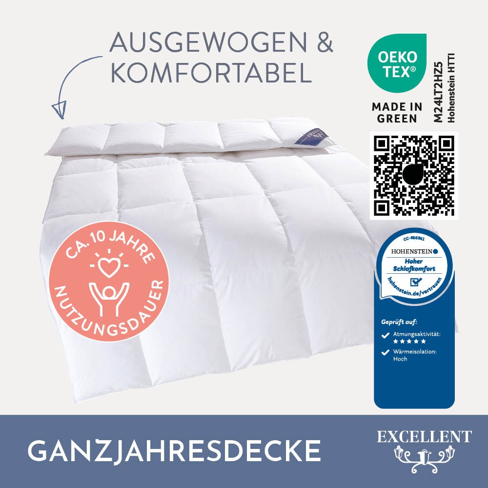 Excellent Couette en duvet + oreiller en plumes »Zürich, Bettdecke normal mit Bestnote "Hoher Schlafkomfort" bewertet.« Bettdecke 2x135x200 und 155x220 cm & 2xKissen 40x80 & 80x80 cm