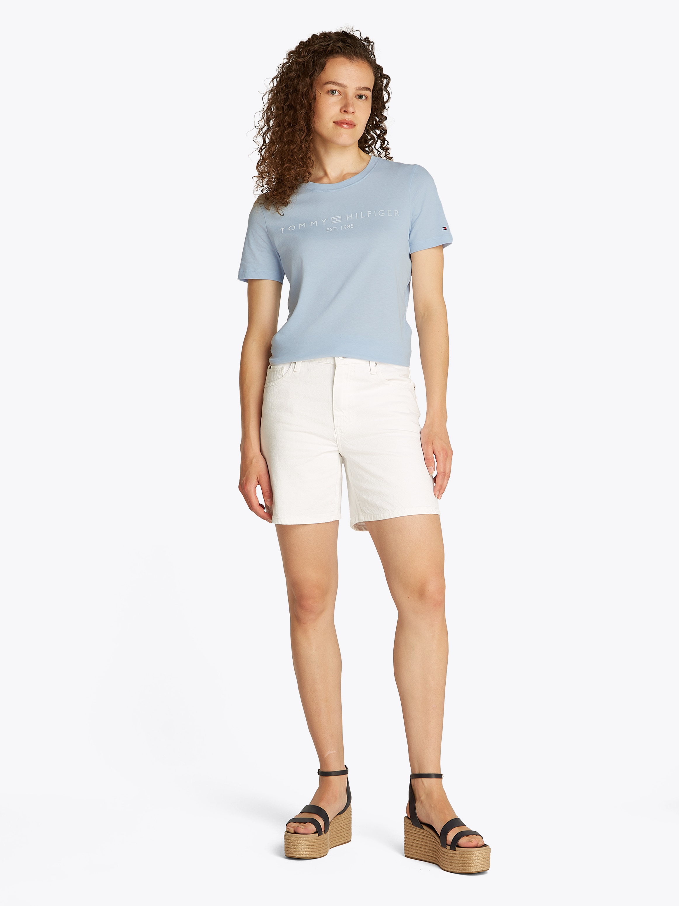 Tommy Hilfiger T-Shirt »REG CORP LOGO C-NK mit Logoschriftzug und Stickerei«, meliert, casual, regular fit, Baumwolle, Rundhals