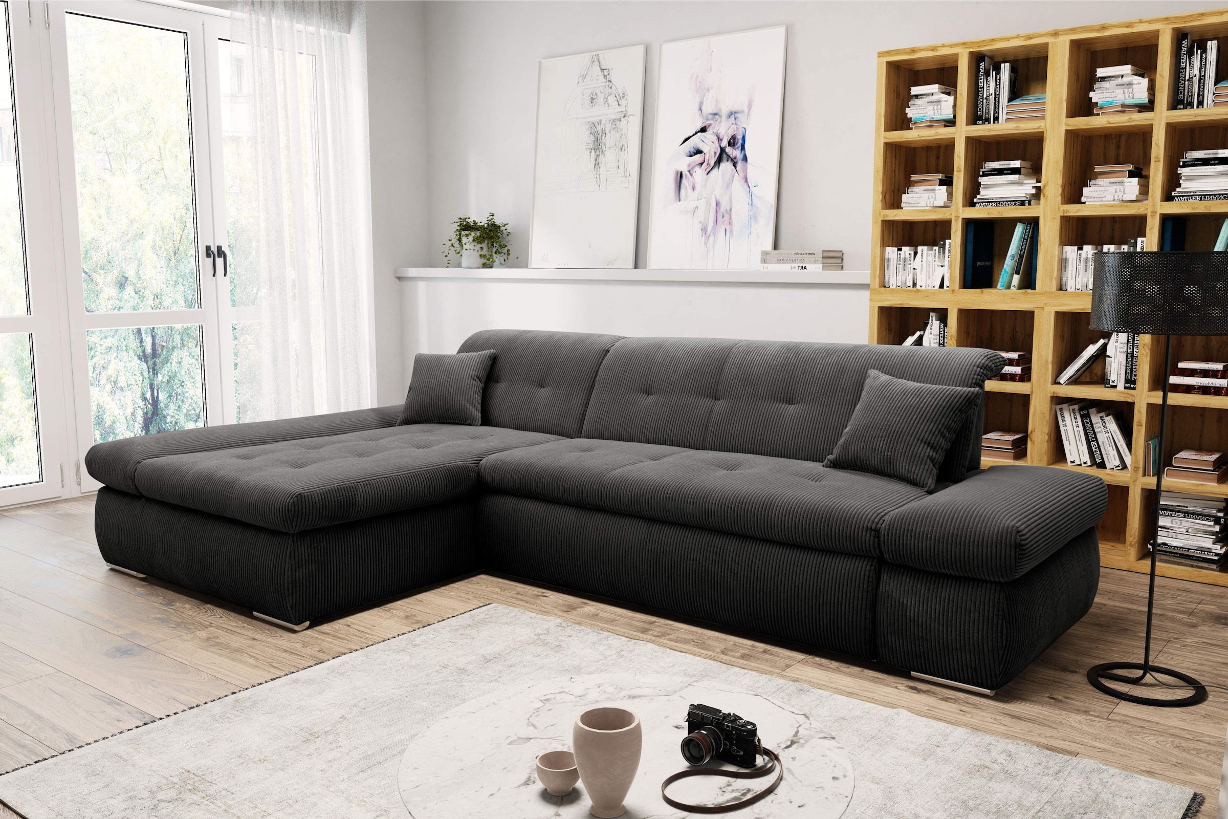Image of DOMO collection Ecksofa "MORIC 300x172 cm, XXL-Sofa mit viel Platz, L-Form, auch in Cord" wahlweise mit Bettfunktion und Armteilverstellung, Cord