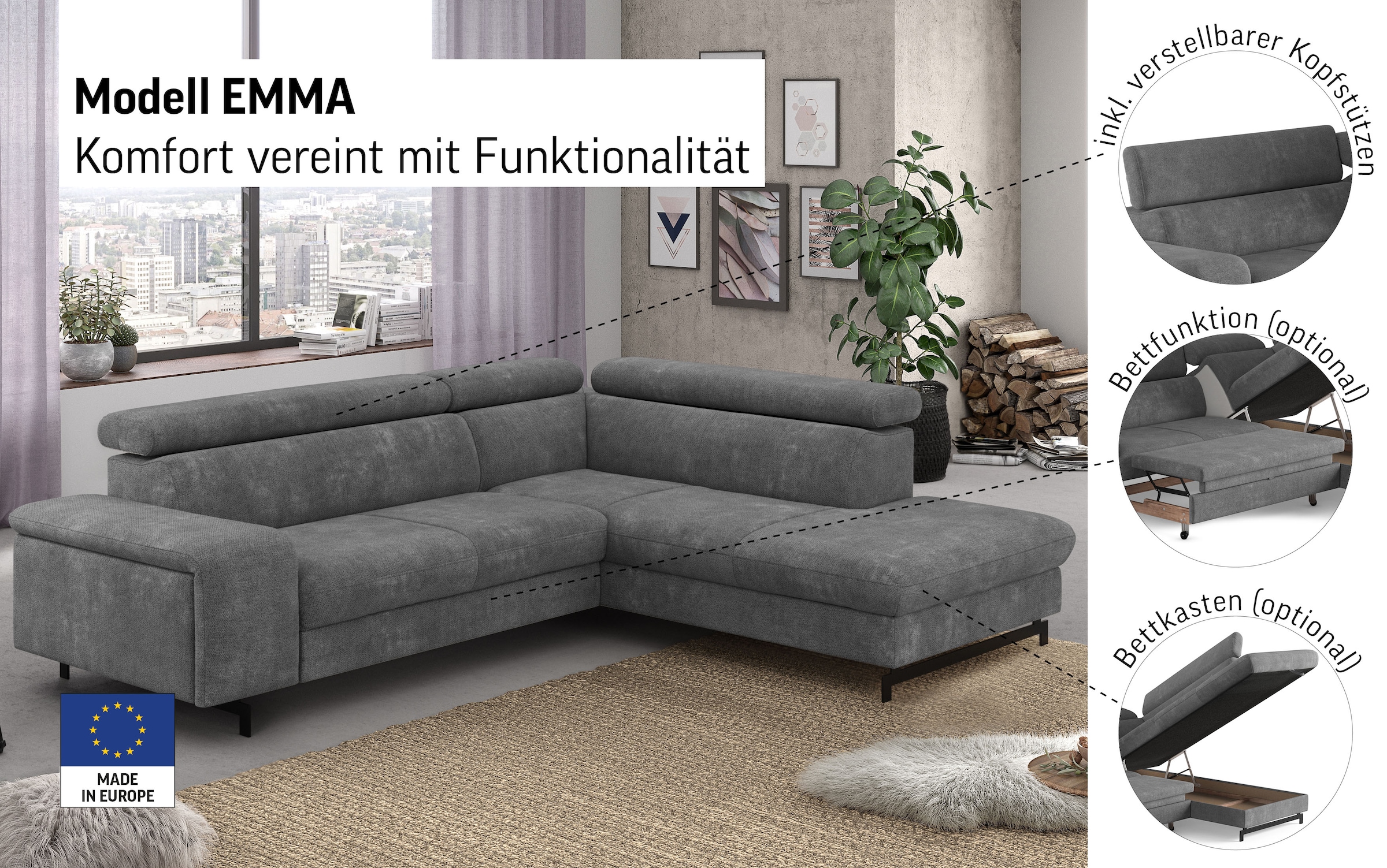 COTTA Ecksofa »Emma L-Form« mit Kopfteilverstellung, wahlweise mit Bettfunktion & Bettkasten