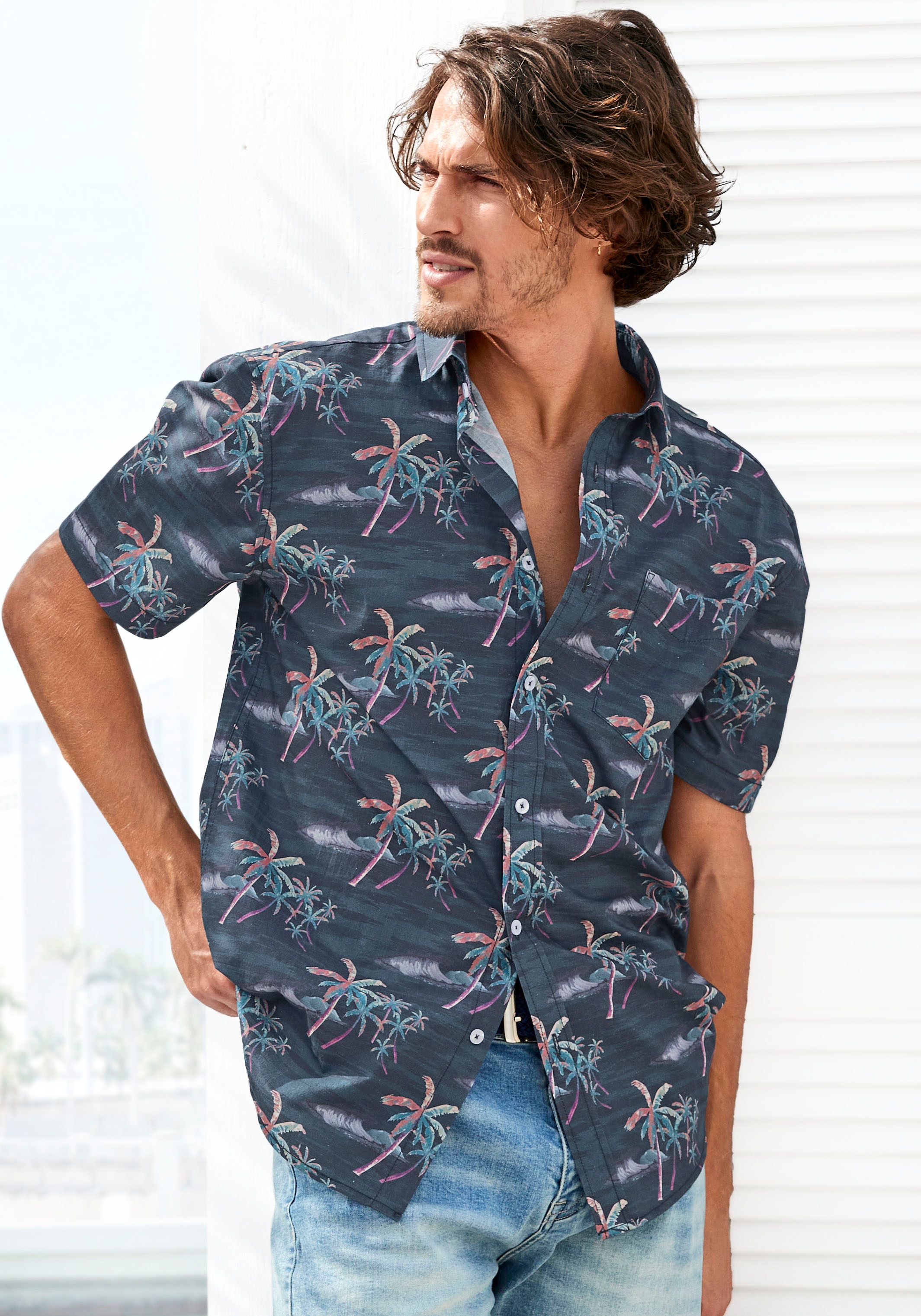Image of Beachtime Hawaiihemd "- sommerliches Hemd mit tollem Palmen Druck", Kurzarm, Freizeithemd mit Palmenprint, reine Baumwolle