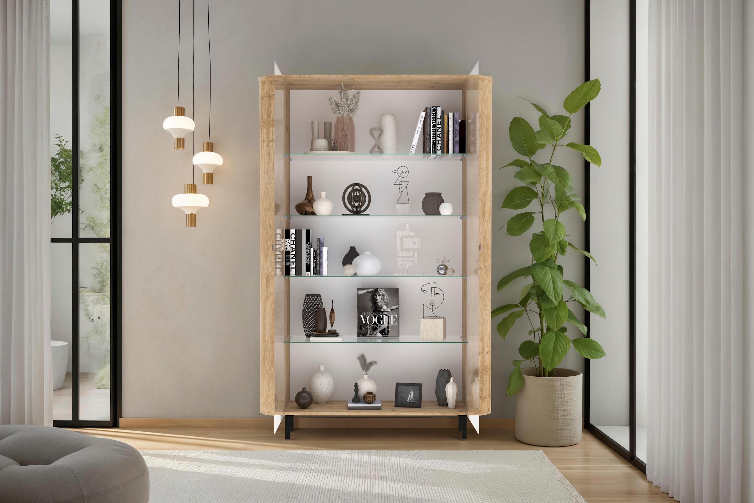 Home affaire Vitrine »Murano, Standvitrine H 200 cm, B 131 cm, 2 Türen, Vitrinenschrank« Formgebogenes MDF, Stirnseiten mit Rundung, Metallfüsse, stilvoll