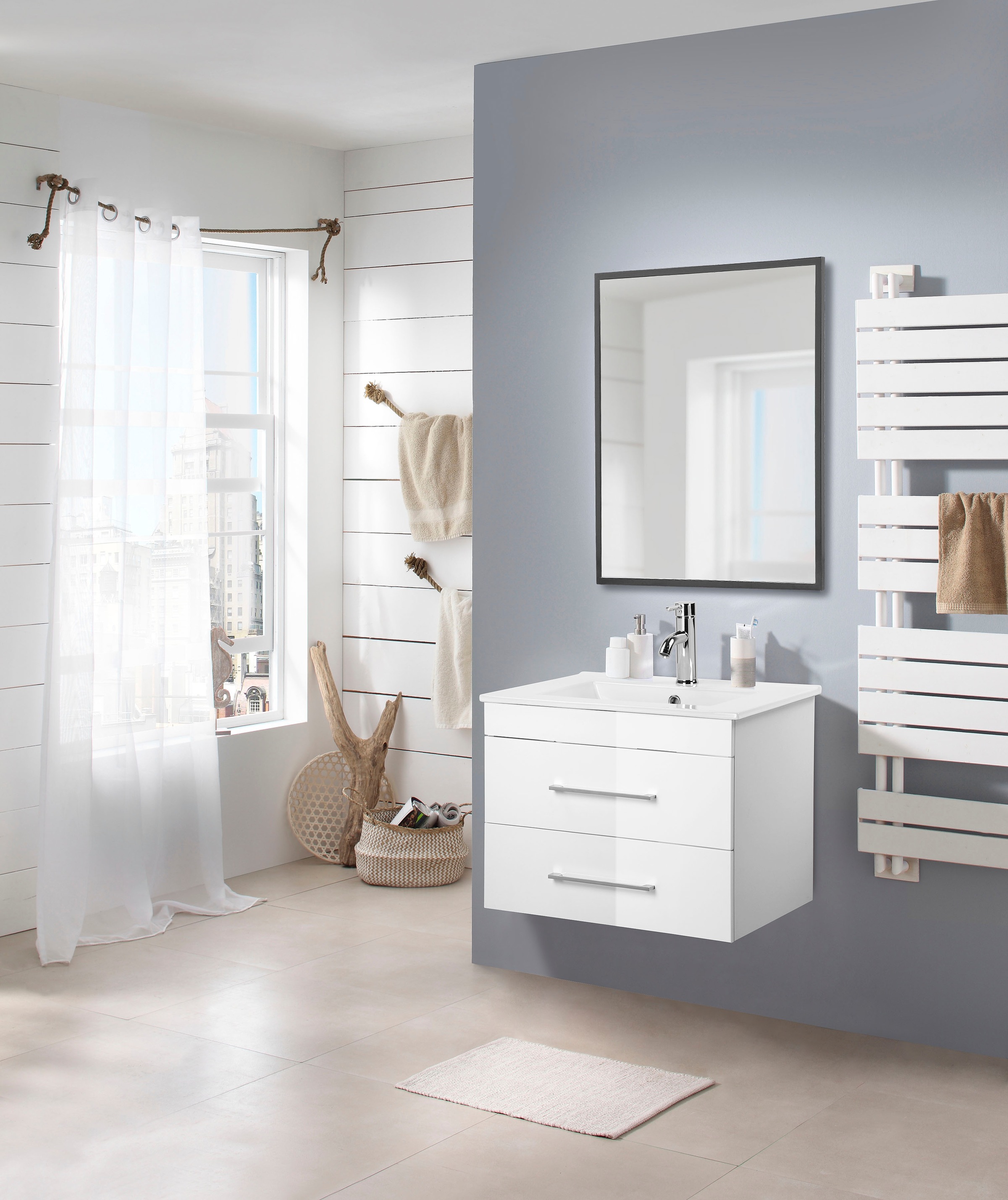 welltime Waschtisch "Florenz Badschrank Badmöbel inkl. Waschbecken" Komplett-Set, Waschplatz mit 2 Auszügen und Softclose Breite 60cm