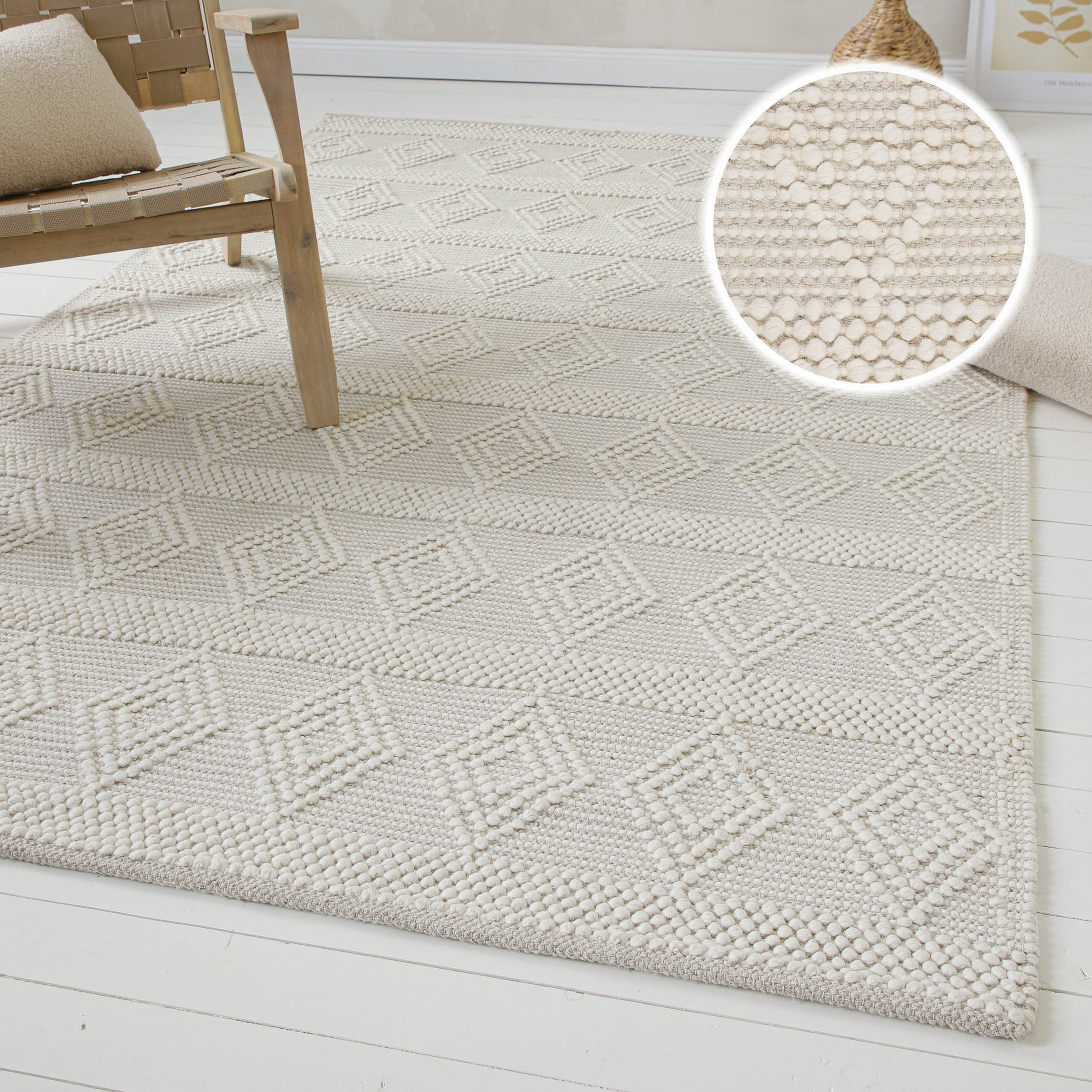 Image of GOODproduct Teppich "Grunno" rechteckig 8 mm Höhe 70% Wolle, handgewebt, Raute, Hoch-Tief, Wohnzimmer, Naturfaser