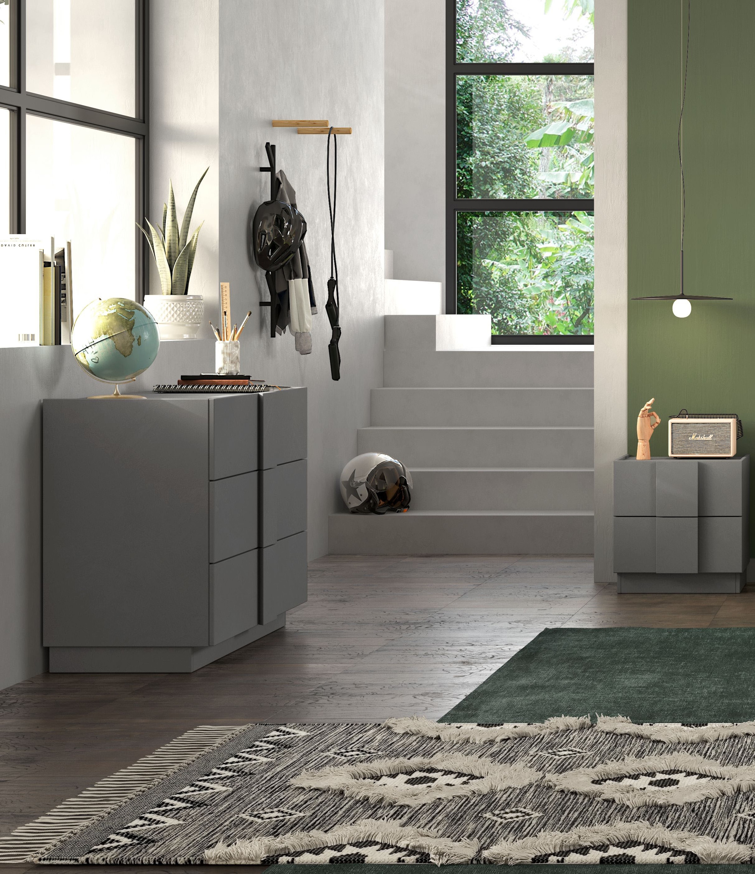 INOSIGN Nachtschrank »Jupiter, Nachtkommode (1-St), Nachttisch, Nachtkonsole, 2 Schubladen« 1 Stk. tlg. B/T/H 50/42/52 cm, moderne Griffblende, trendiges Steingrau, kompakt