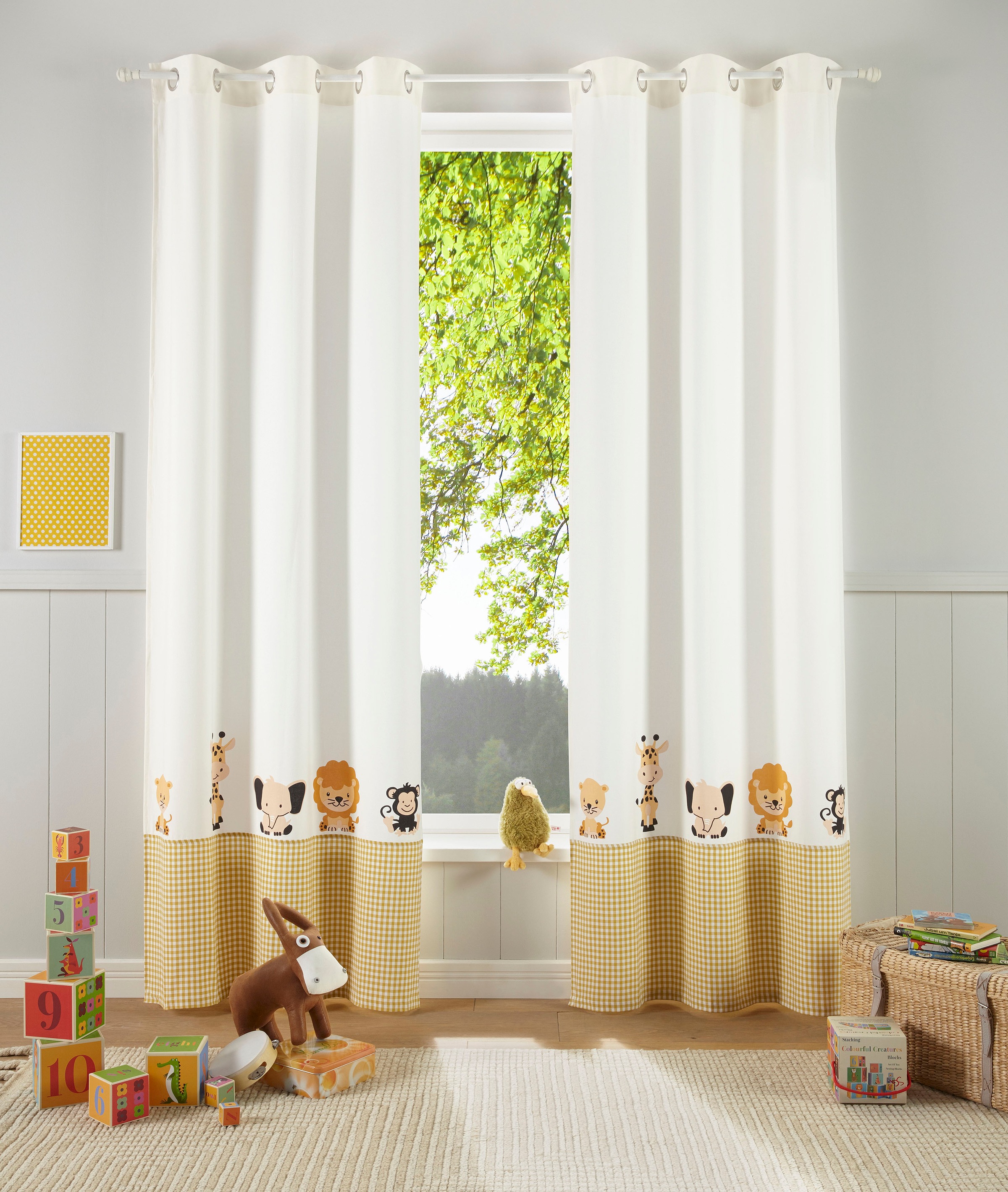 Image of Lüttenhütt Gardine »Tiere«, (1 St.), Nachhaltige Kindergardine, blickdicht, einseitig mit Tieren bedruckt, verschiedene Grössen, Karo-Bordüre bei Ackermann Versand Schweiz