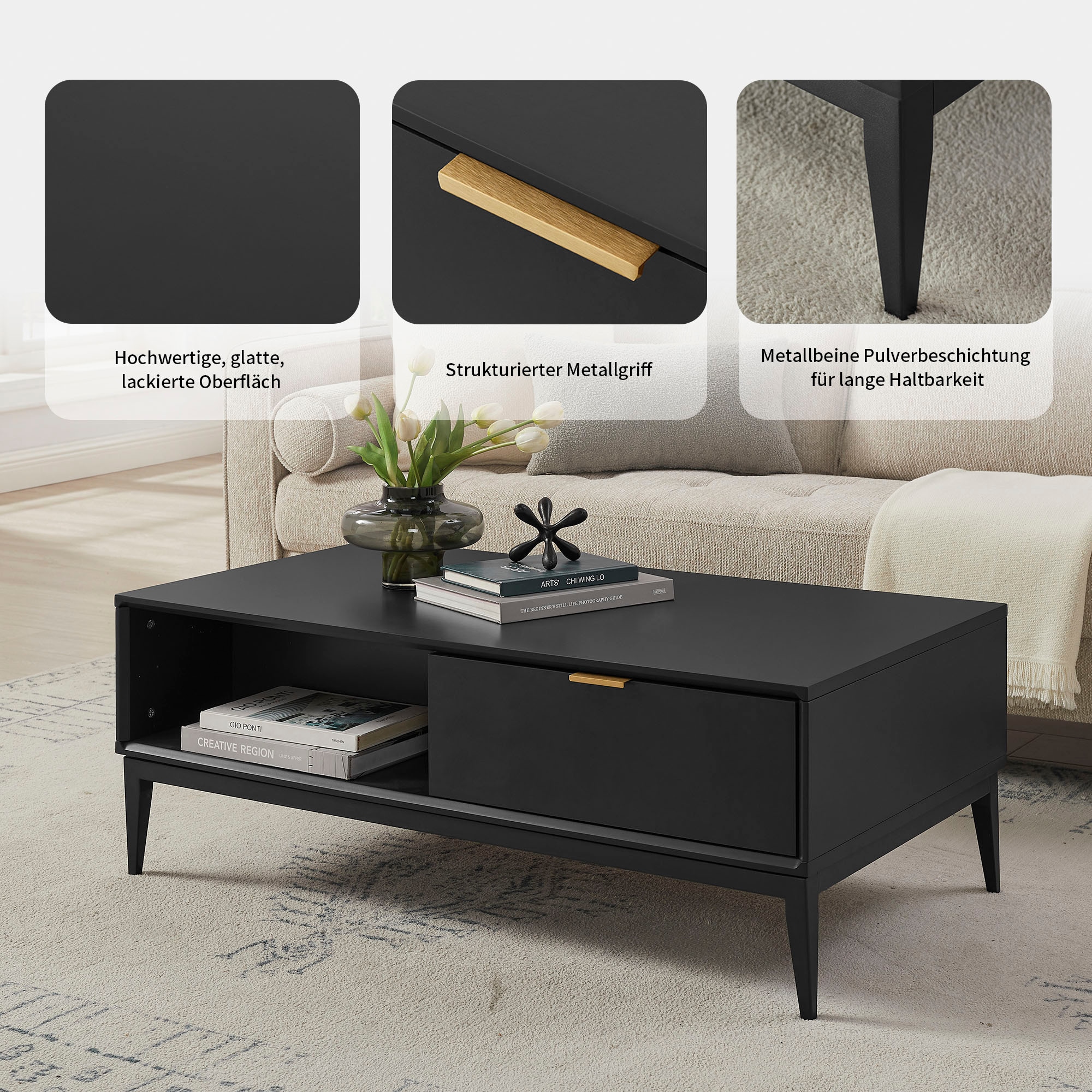 Leonique Table basse »Lavisha« Keramikplatte, Eisengestell und FSC-zertifiziertes Holz, Breite 110 cm