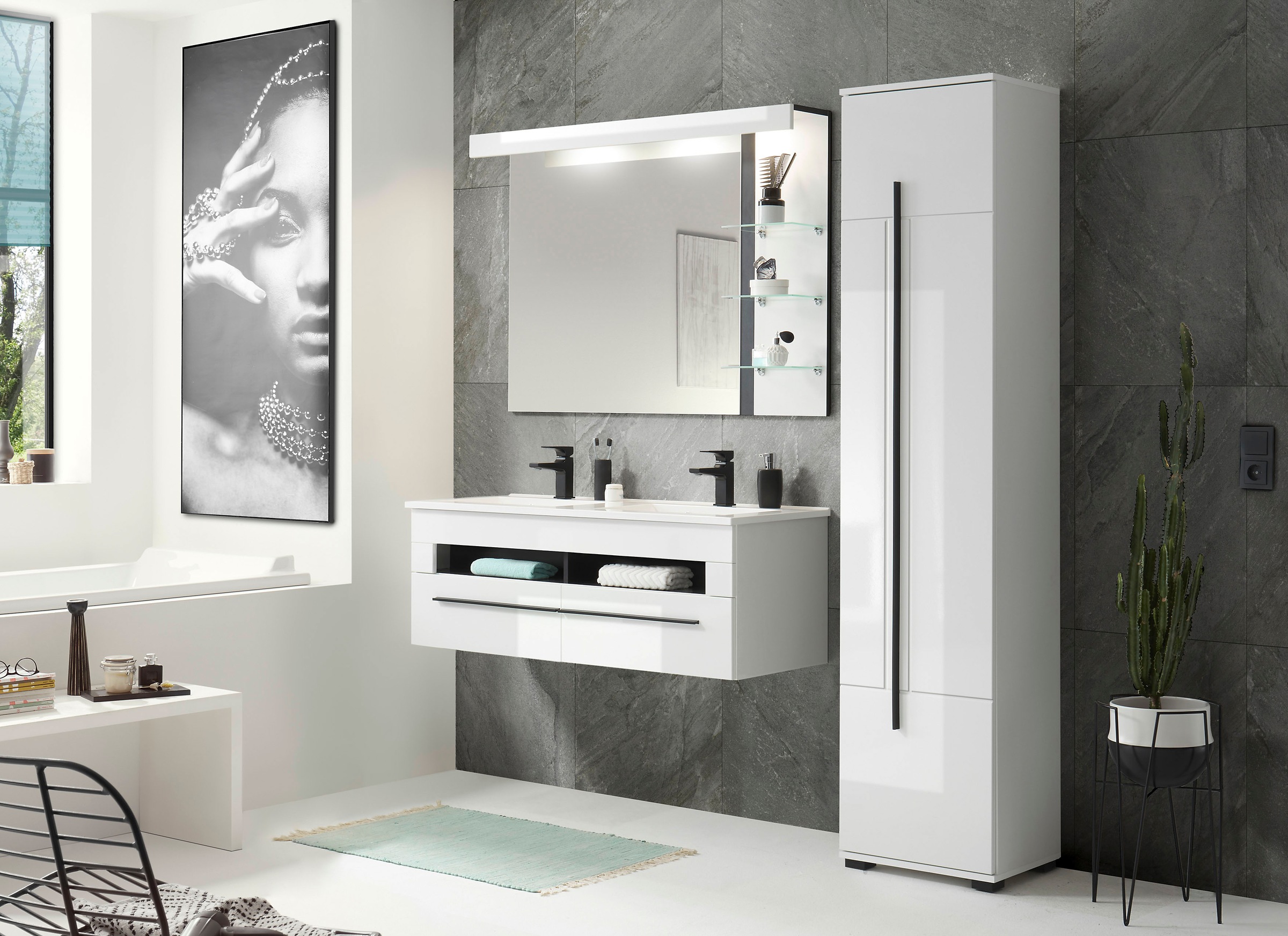 INOSIGN Badmöbel-Set »Cantara, Bad im modernen Design, 3-teiliges Badezimmer«, (Set, 3 St.), Waschtisch, Schrank und Spiegel, in Weiss Hochglanz, viel Stauraum