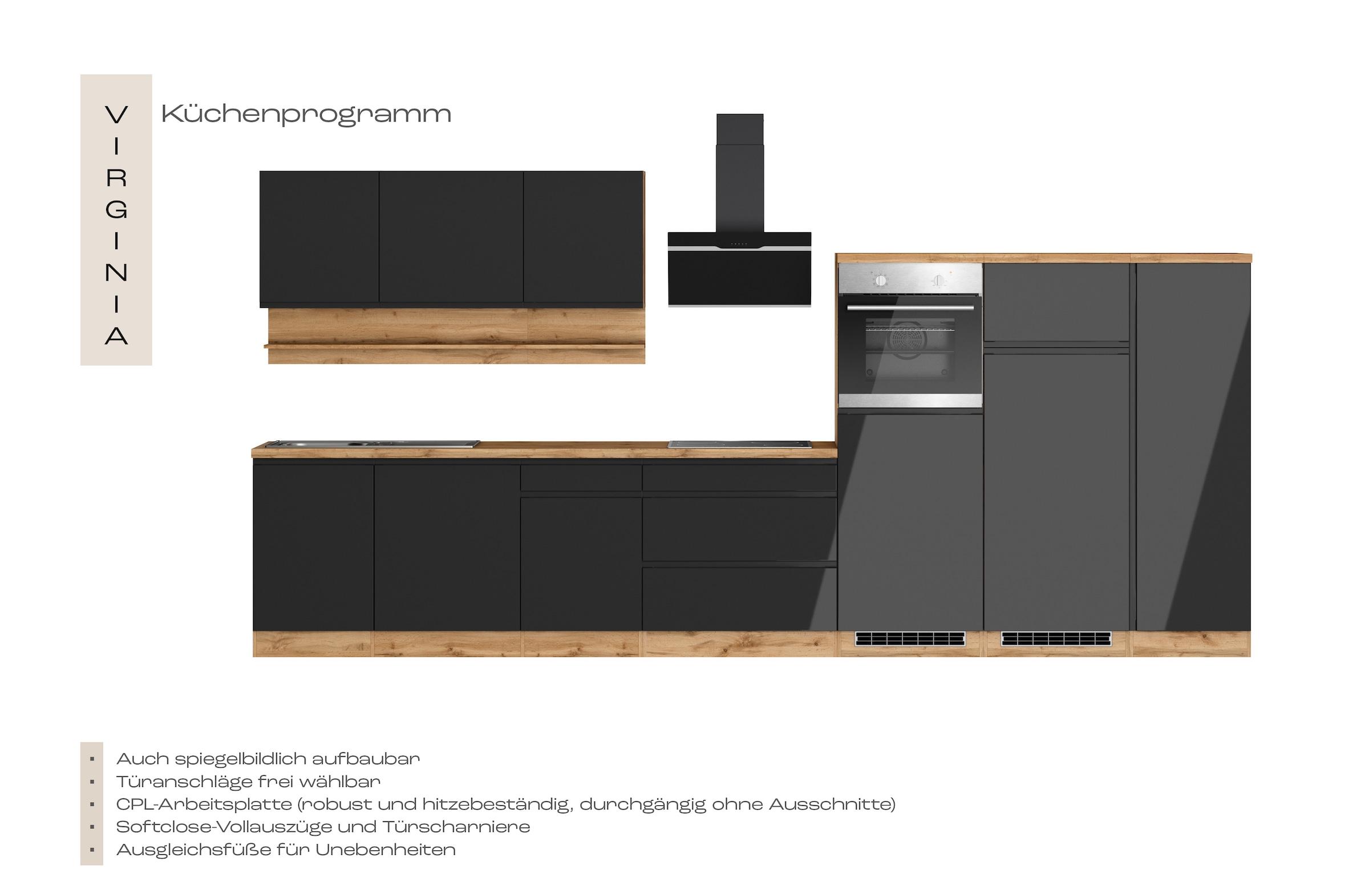 KOCHSTATION Kitchenette »KS-Virginia,neu in verbesserter Ausführung« plan de travail épaisseur 38 mm, rangement, fermeture douce,  largeur 410 cm, softclose, optionnellement avec appareils électriques et induction