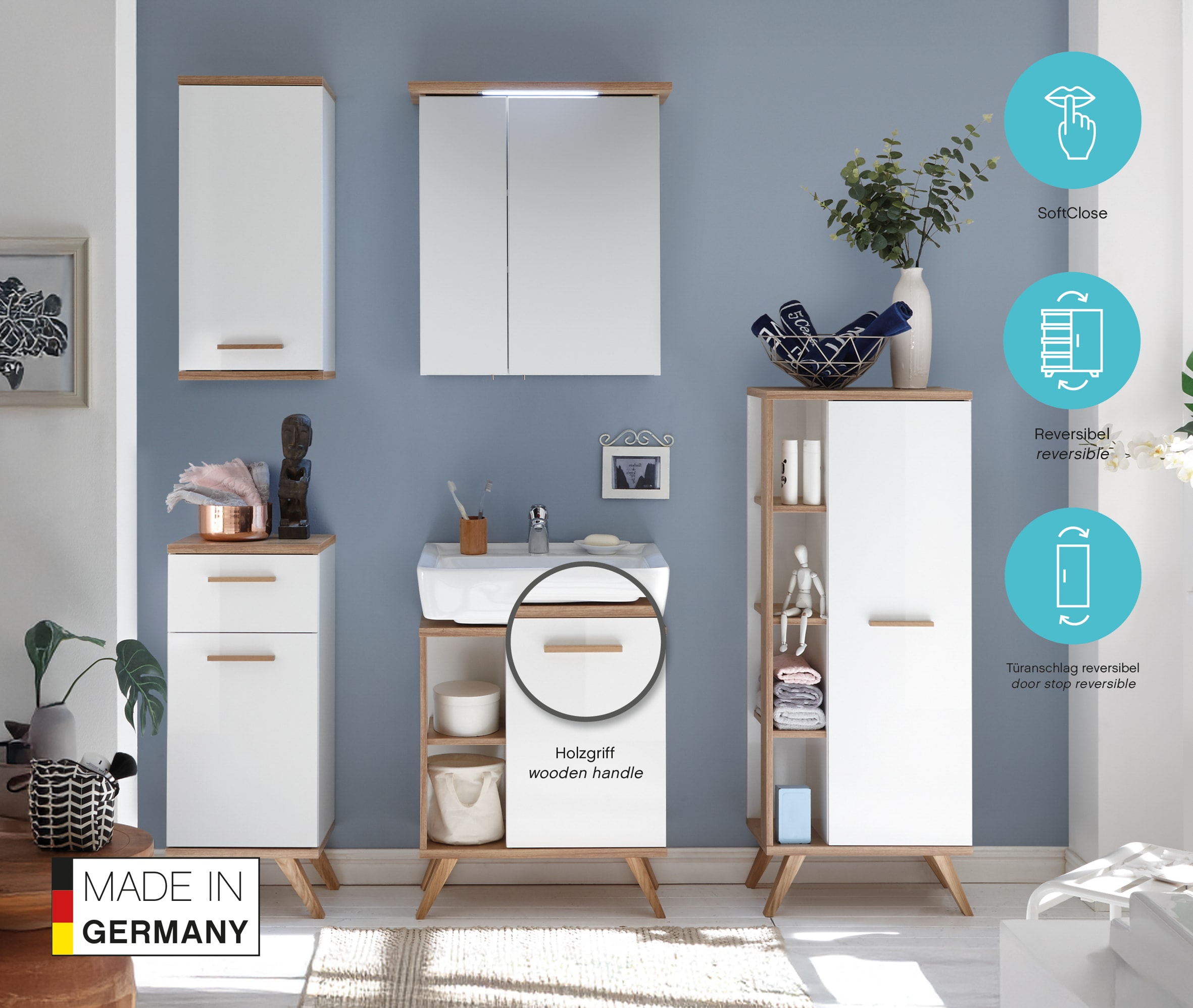 Saphir Armoire intermédiaire »Quickset Badschrank 50,5 cm breit, 1 Tür, seitliche Ablagen« meuble de salle de bain midi avec amortisseur de porte, poignées en bois
