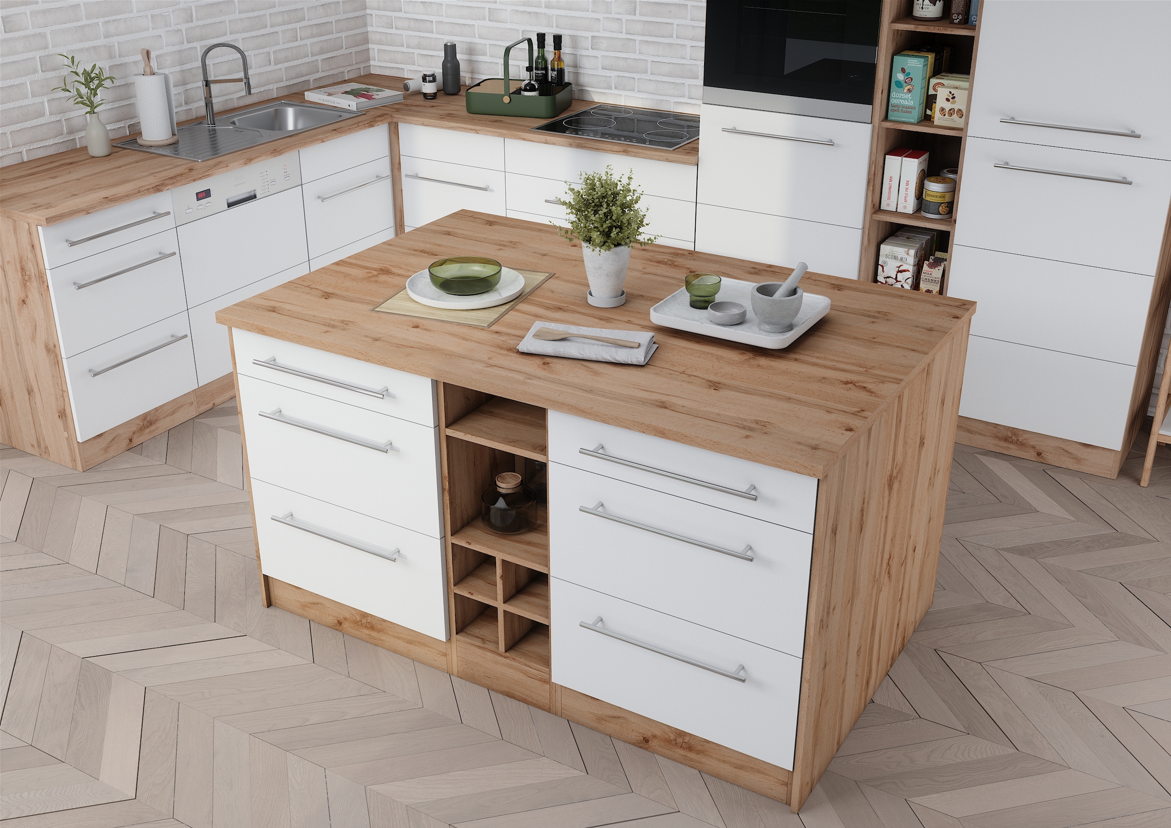 KOCHSTATION Kücheninsel »KS-Wien« Breite 153 cm, MDF-Fronten, Flaschenregal
