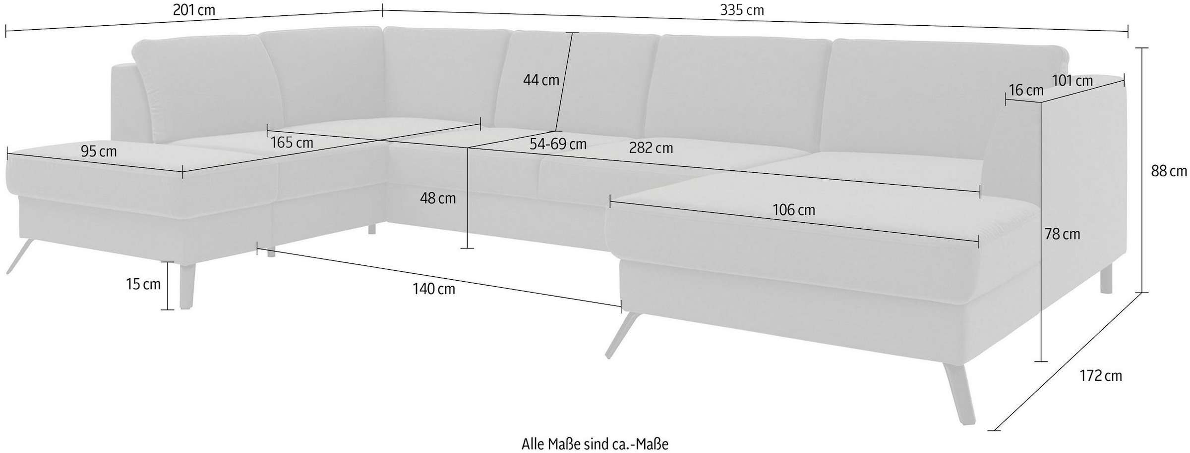 sit&more Wohnlandschaft »Olsen U-Form« inklusive Sitztiefenverstellung, wahlweise mit Bettfunktion, 15cm hoch