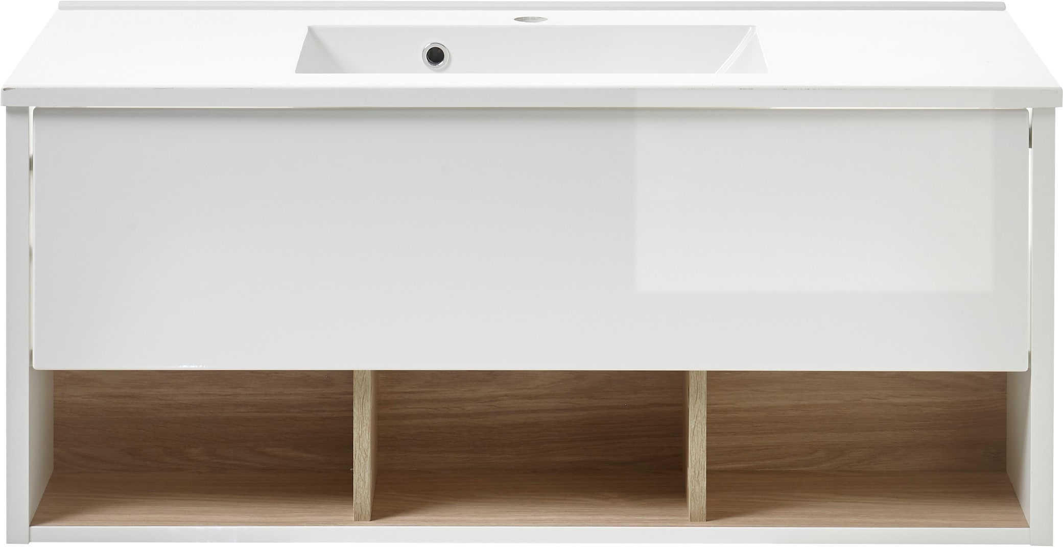 Places of Style Badmöbel-Set »Studio Line, Bad im modernen Design, 4-teiliges Badezimmer«, (4 St.), Schrank, Waschtisch und Spiegel, in zwei Farben verfügbar, Stauraum