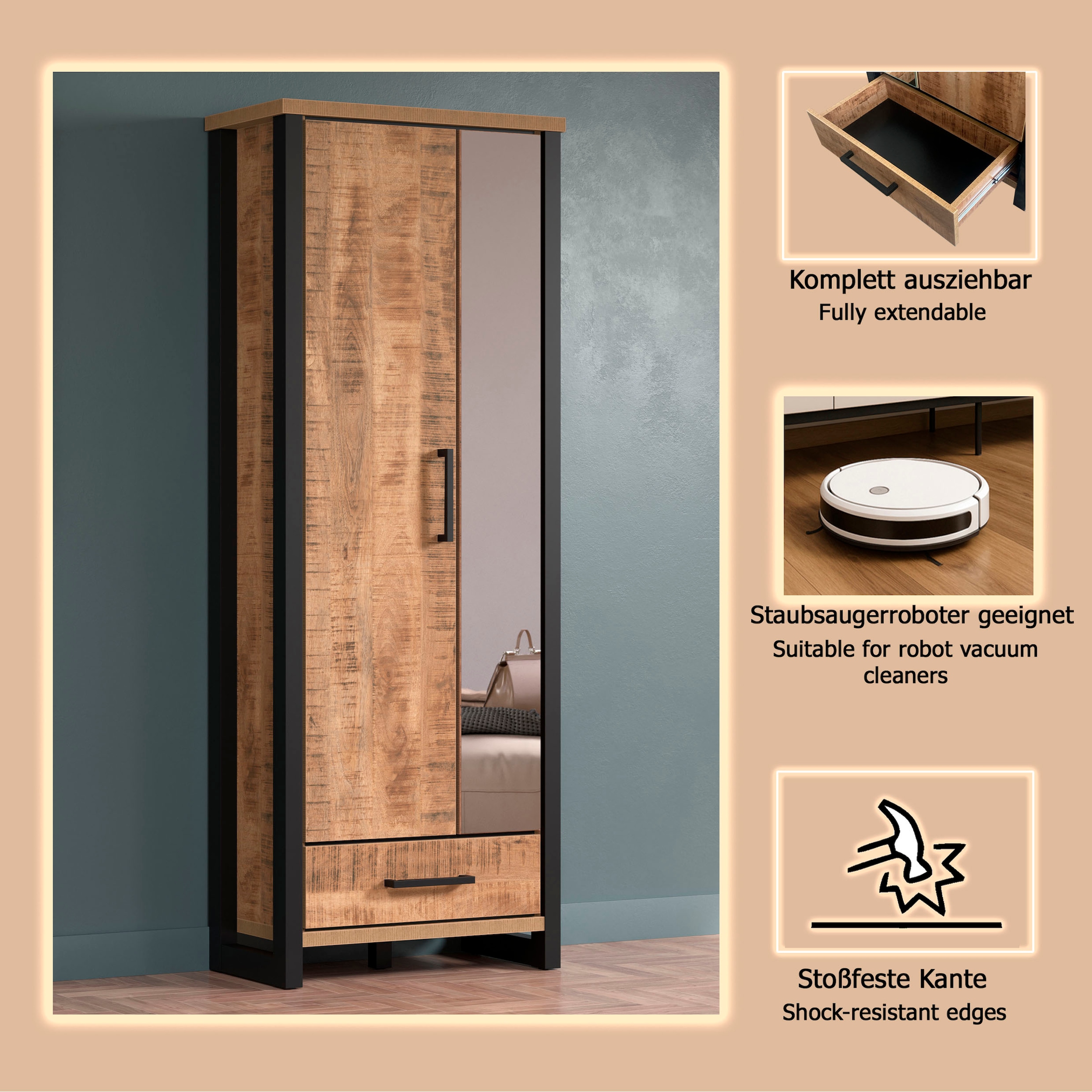 Home affaire Armoire vestiaire »Elda« 1 cuis tlg. Schrank mit ausziehbarer Kleiderstange, 2 Türen – (B/T/H) 73/39/195 cm