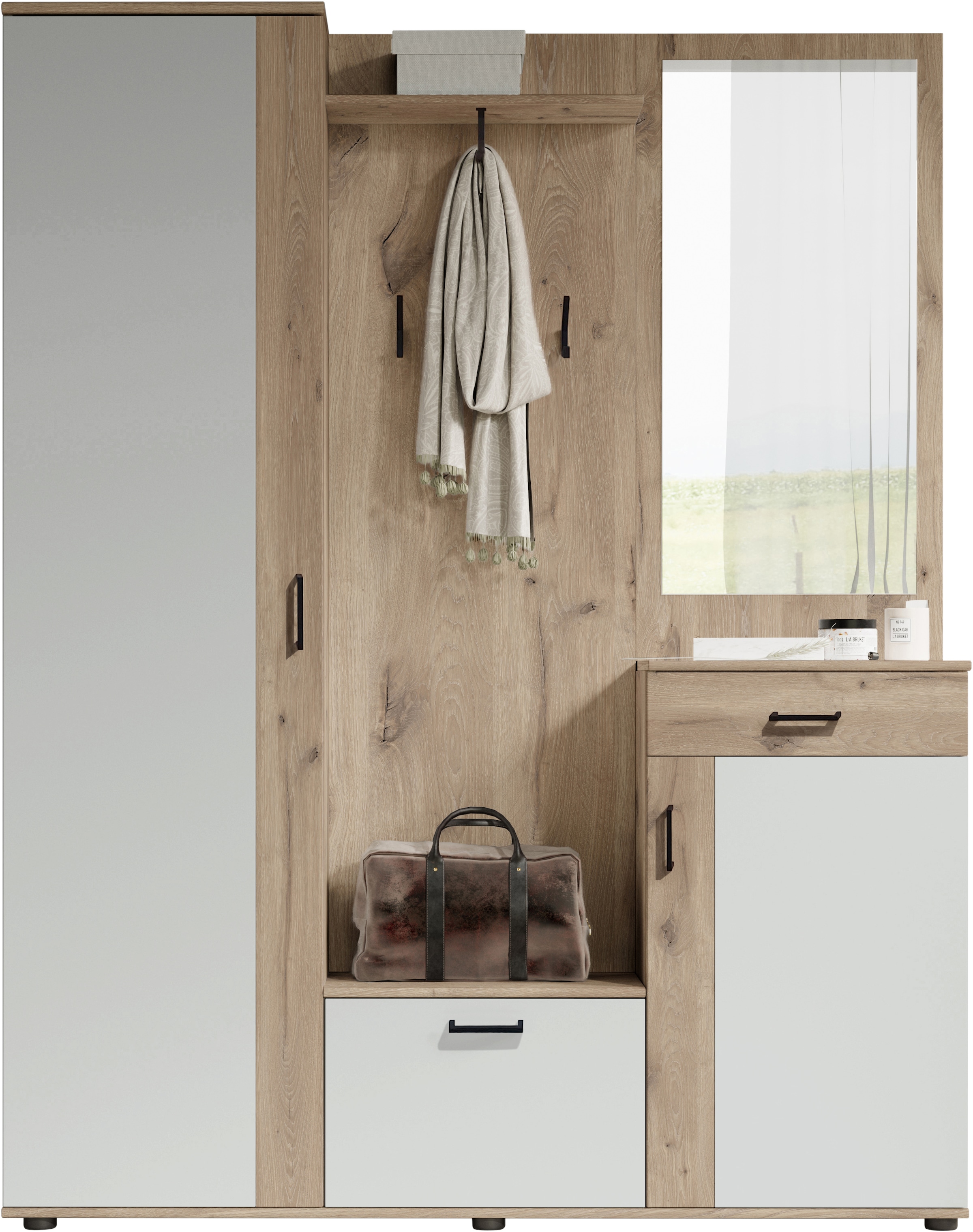 HBZ Kompaktgarderobe »Jens mit Spiegel, Flurgarderobe BxHxT 145x184x29 cm«, (1 St.), Mit Hochschrank, Bank, Paneel und Kommode