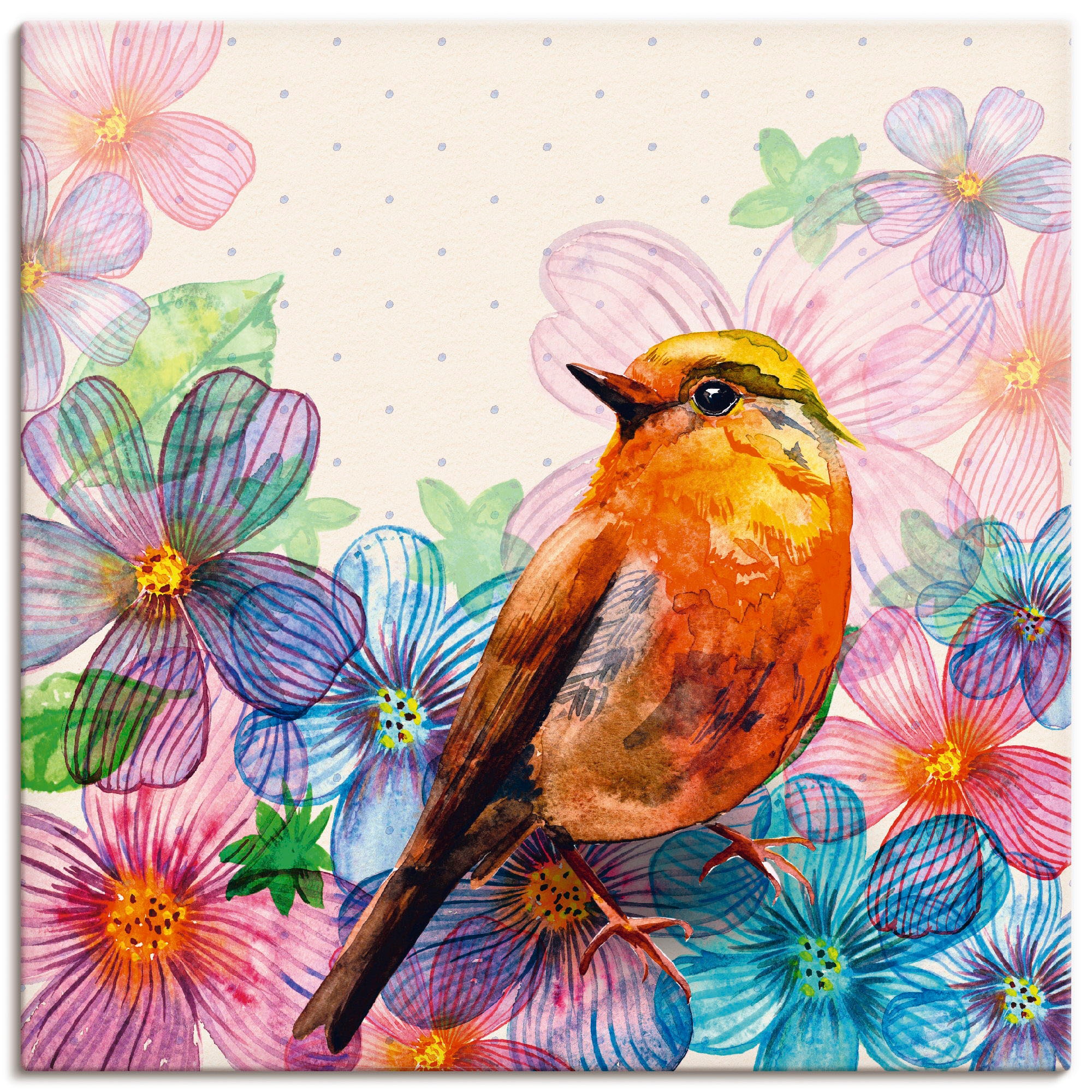 Image of Artland Leinwandbild "Florale Karte im Retro Design" Vögel 1 Stk. tlg. auf Holzrahmen gespannt