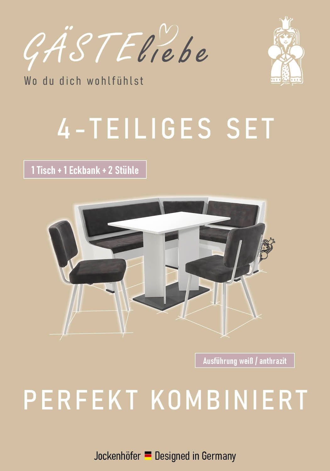 GOODproduct Ensemble de bancs d'angle »Theo (Set, 4-tlg. Tisch, Bank und 2 Stühle) 2 Farben wählbar« Bank links/rechts montierbar, mit Stauraum, Stühle im 2er Set