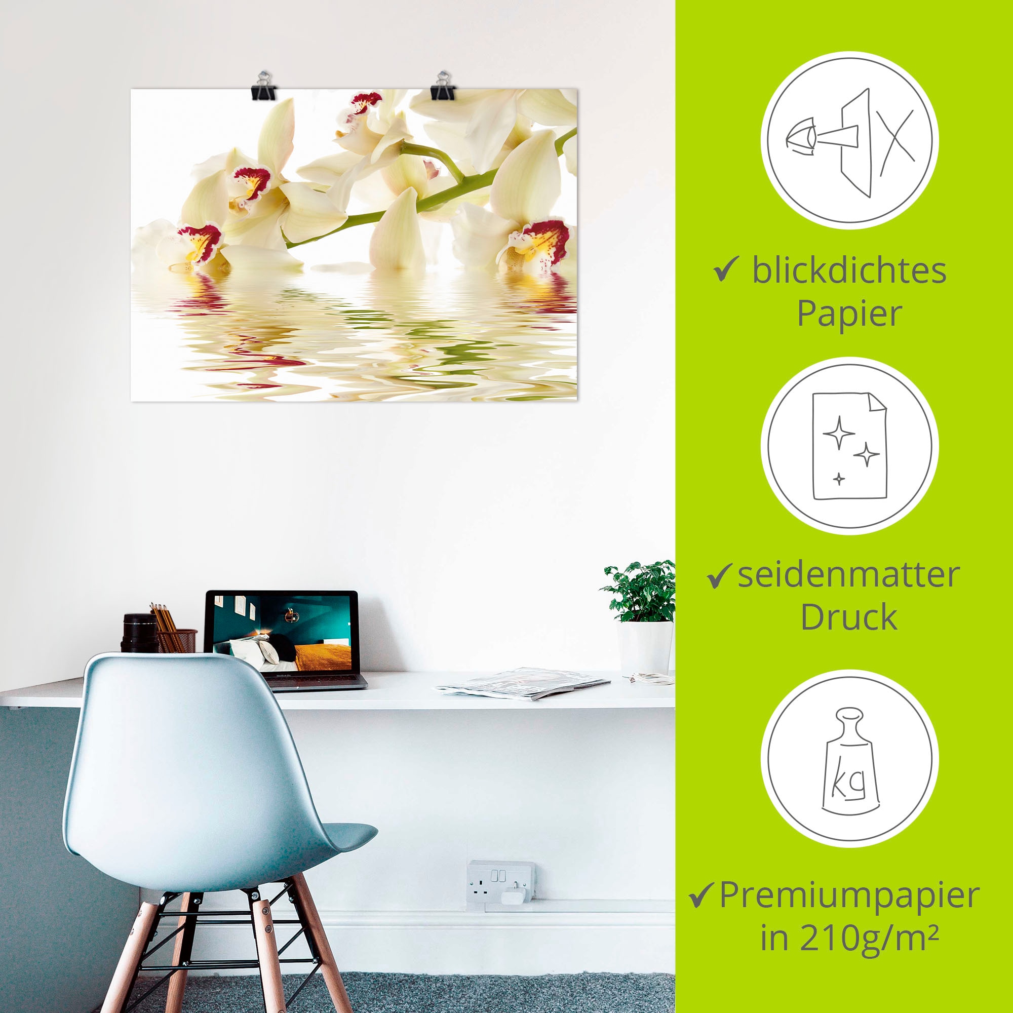 Artland Wandbild »Weisse Orchidee mit Wasserreflektion« Blumen 1 Stk. tlg. als Leinwandbild, Poster in verschied. Grössen