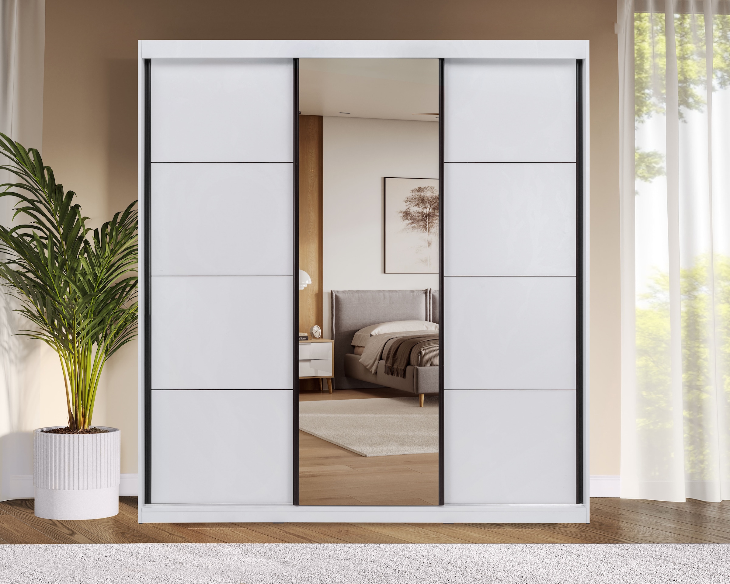 GOODproduct Schwebetürenschrank »Tonara Schrank, Kleiderschrank 2,00m Breite, Schiebetürenschrank« Schrank mit leichtgängiger Schiebetür, in 4 Farben , Top Ausstattung,  inklusive Spiegeltür, 2 Kleiderstangen, 4 Schubkastenauszügen