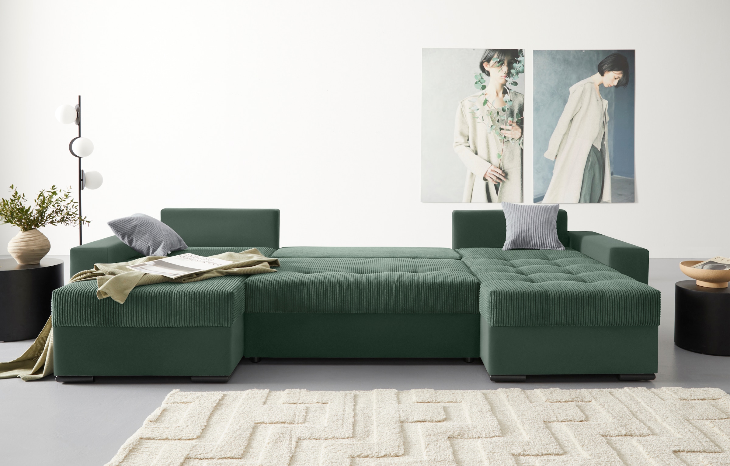 COLLECTION AB Wohnlandschaft »Josy U-Form«, mit Schlaffunktion, Bettkasten und Zierkissen, mit 2 Recamieren